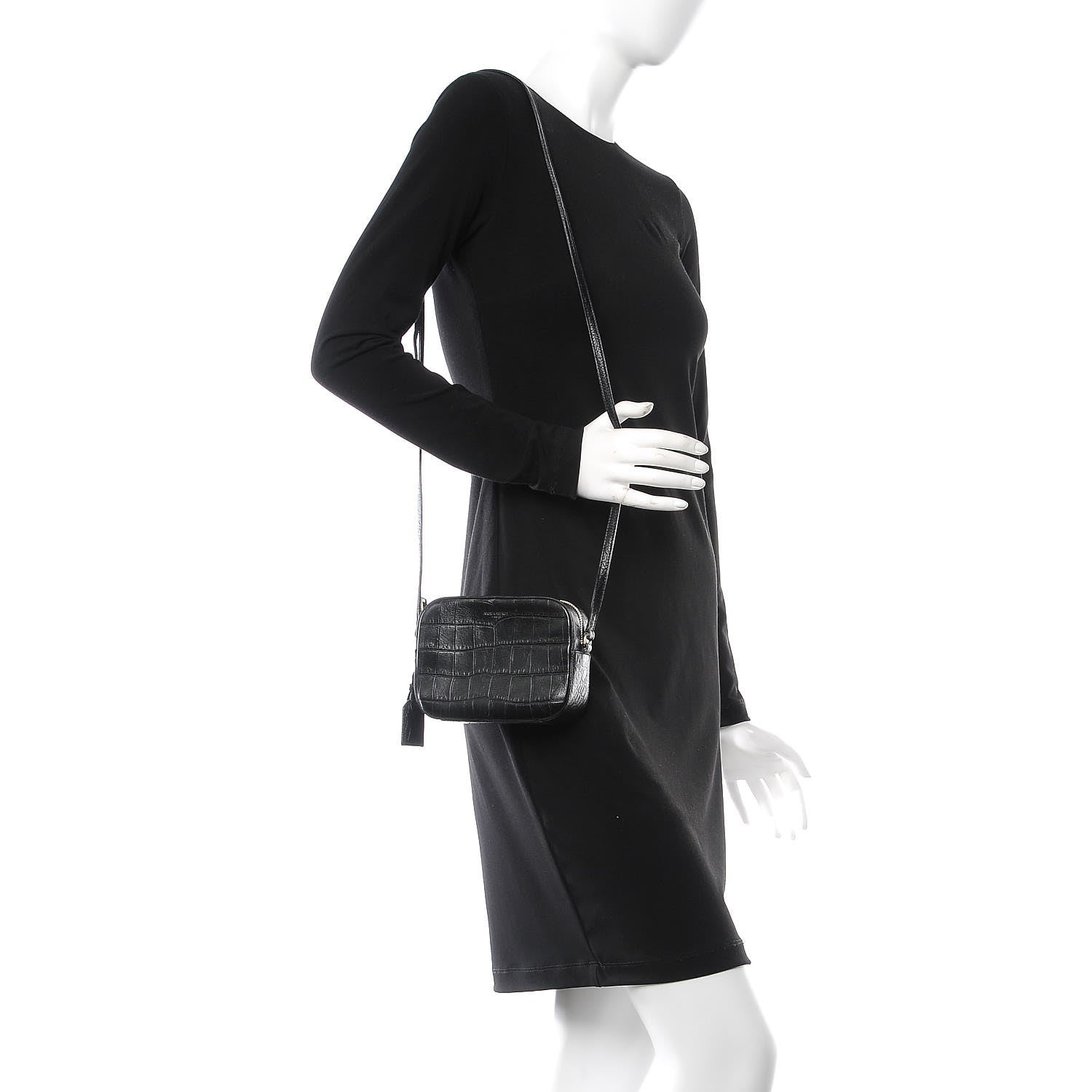 Saint Laurent Calfskin Crocodile Embossed Small Classic Monogram Camera Bag Black 2 of 8