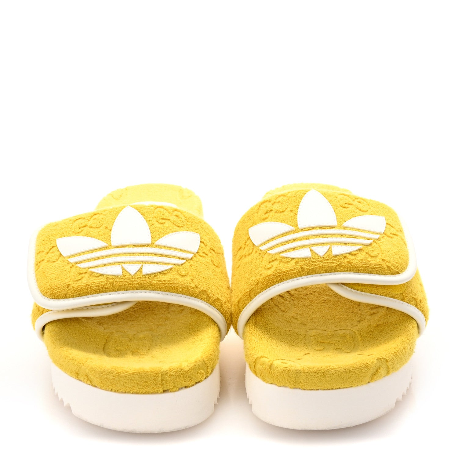 Gucci X ADIDAS Magic Sponge Terry Cloth Trefoil GG Monogram Womens Platform Sandals 39 Smile Yellow Off White 3 of 8