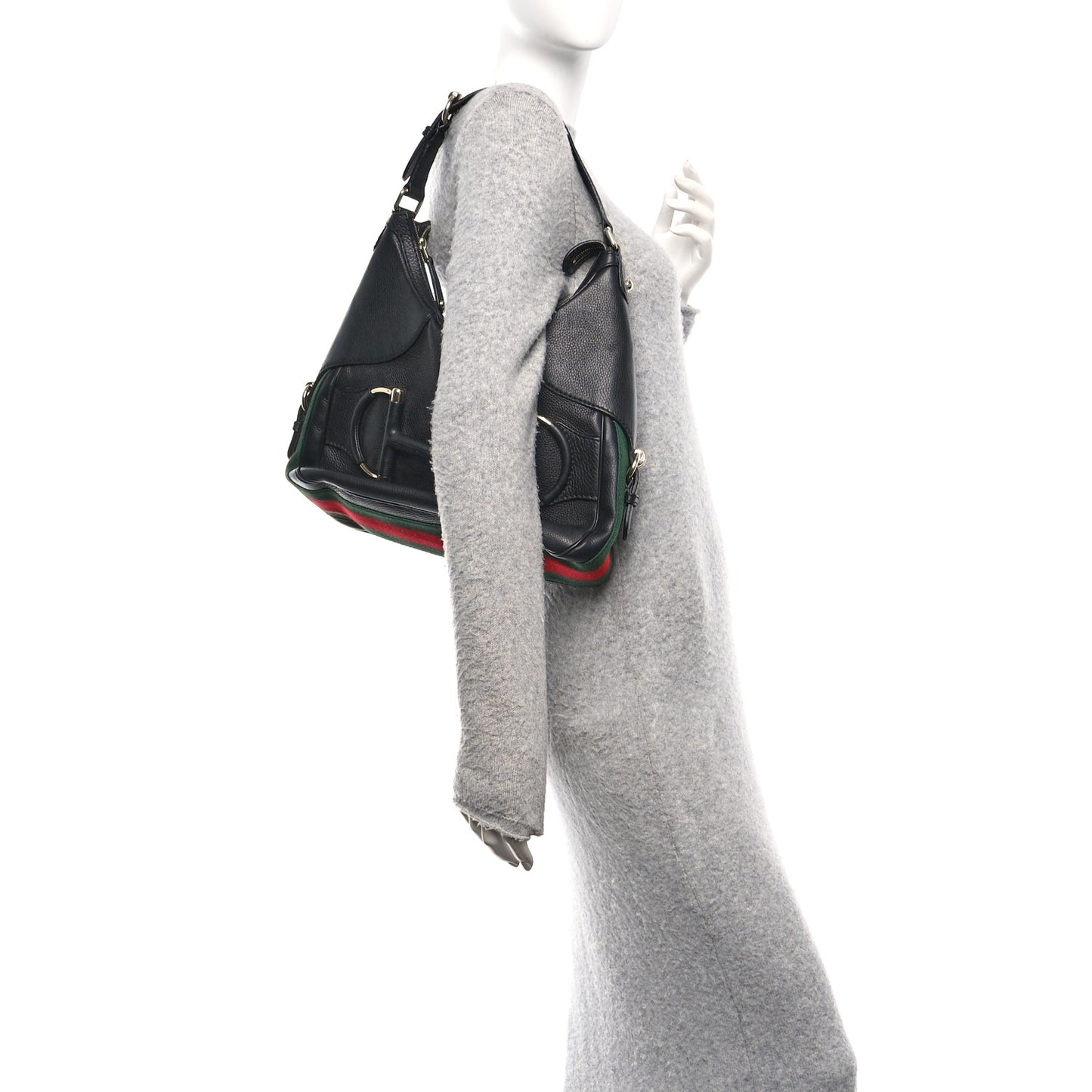 Calfskin Large Horsebit Web Hobo Black