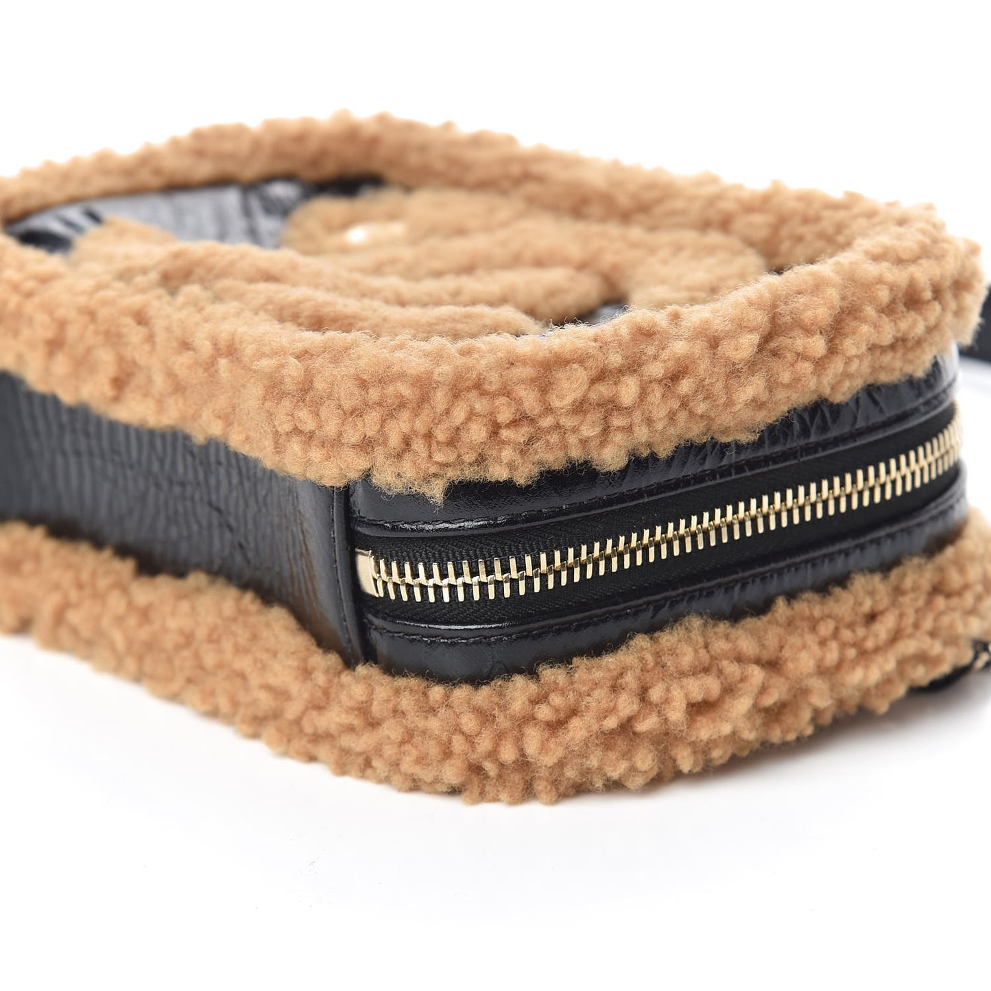 Shiny Crumpled Sheepskin Shearling CC Mania Waist Bag Black Light Brown