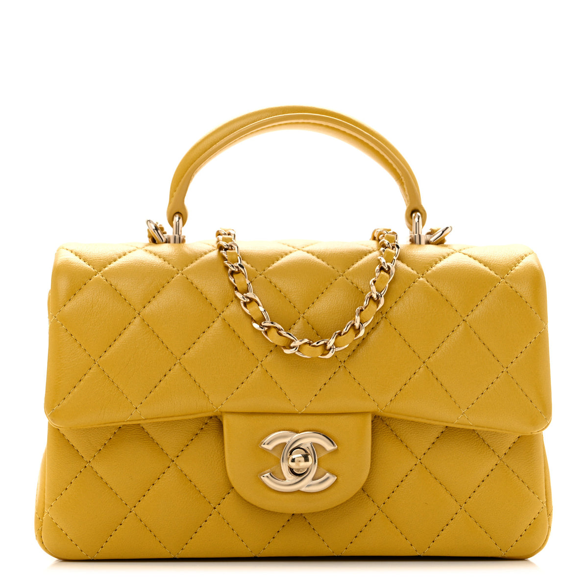 Lambskin Quilted Mini Top Handle Rectangular Flap Yellow
