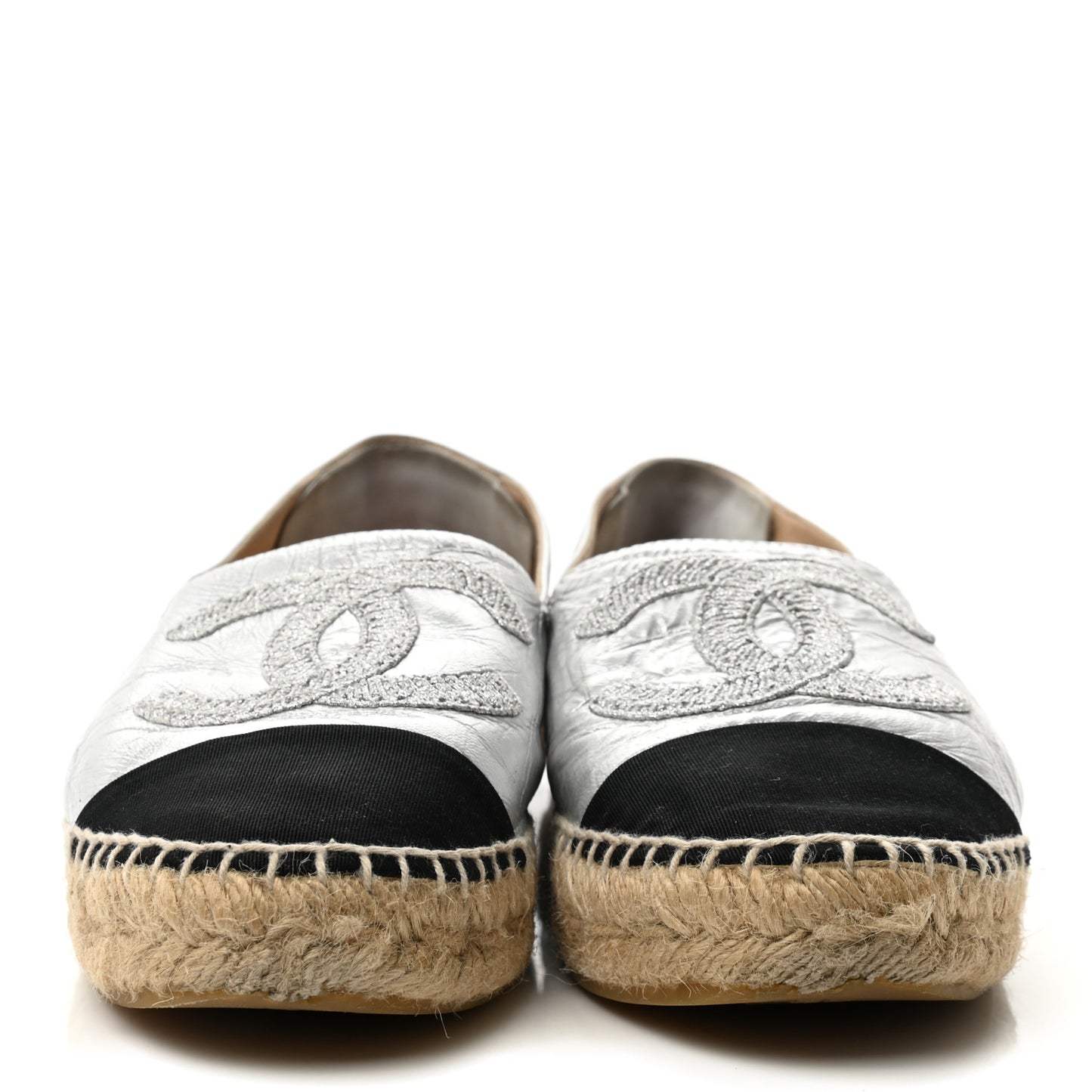 Metallic Lambskin Grosgrain Embroidered CC Espadrilles 38 Silver Black