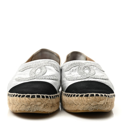 Chanel Metallic Lambskin Grosgrain Embroidered CC Espadrilles 38 Silver Black 2 of 13
