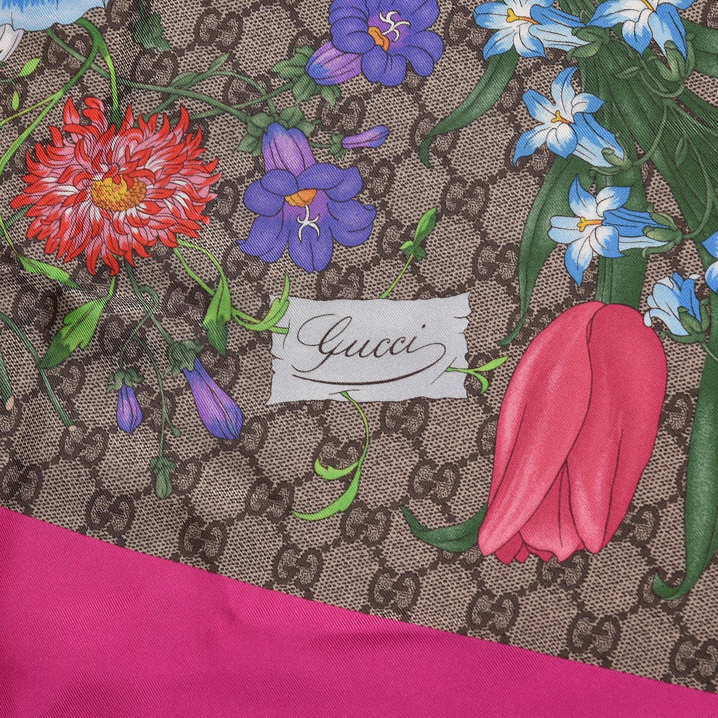 Silk Twill GG Monogram Flora Fluo GG Square Scarf Beige Pink