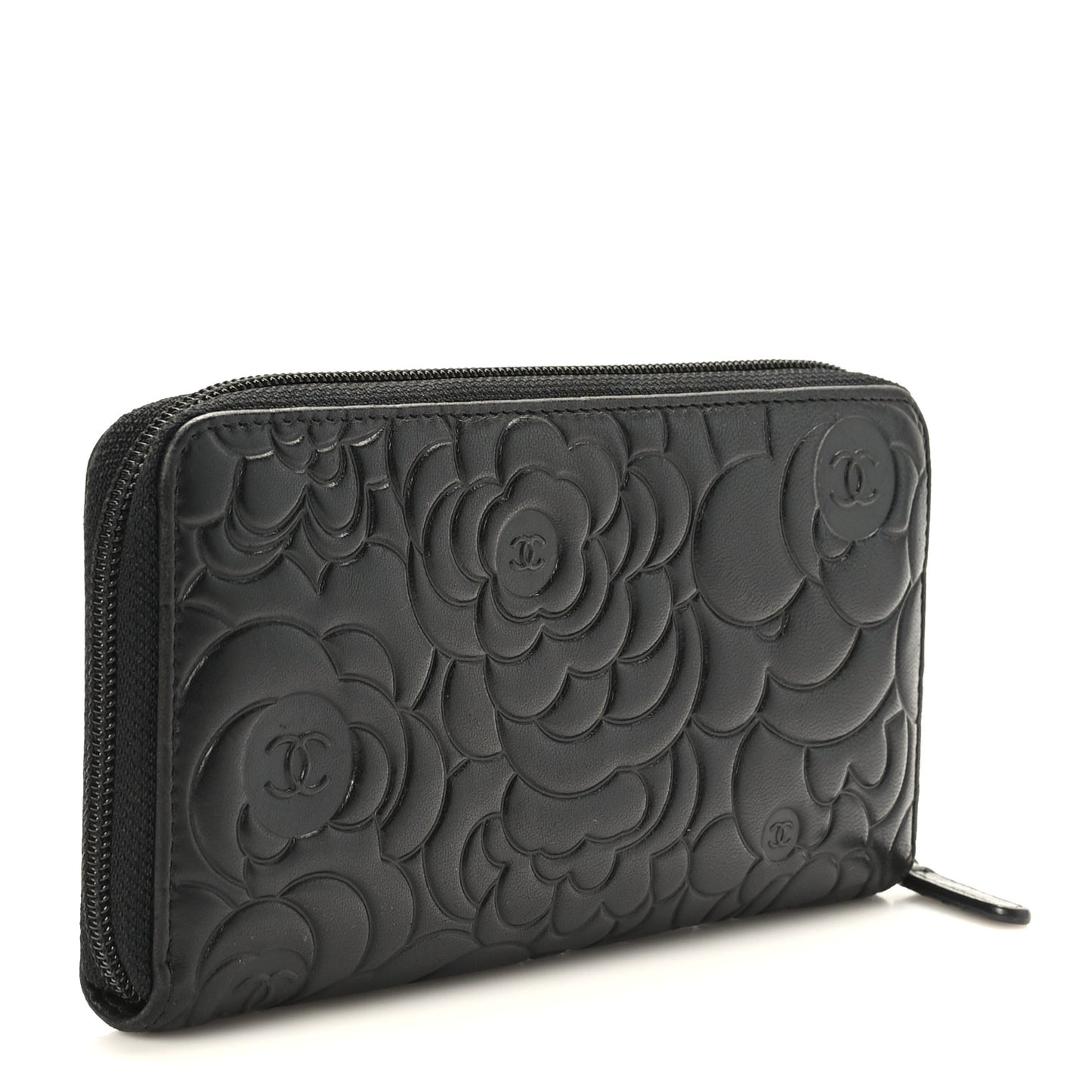 Lambskin Camellia Embossed Large Zip Around Gusset Wallet Black