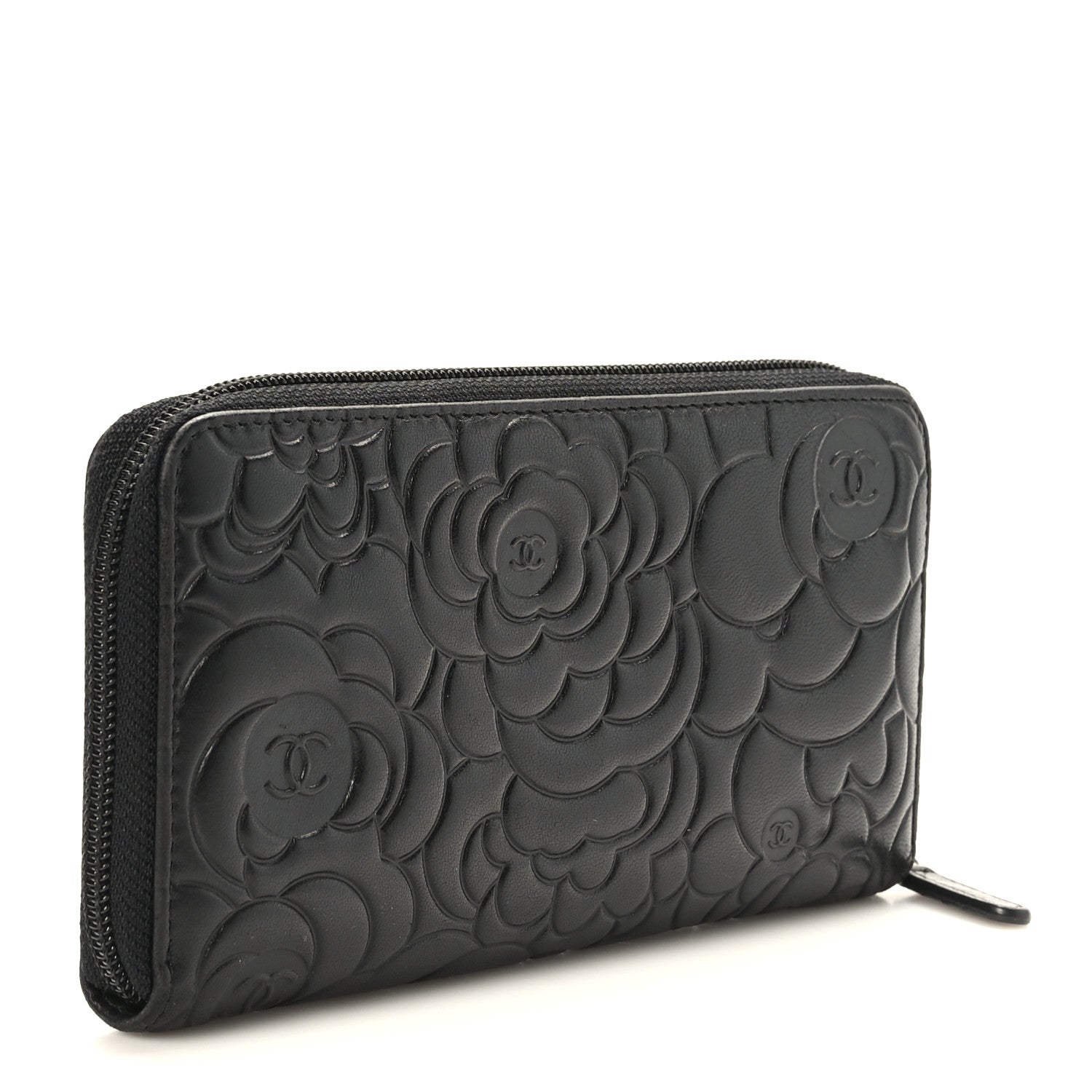 Chanel Lambskin Camellia Embossed Large Zip Around Gusset Wallet Black 3 of 9