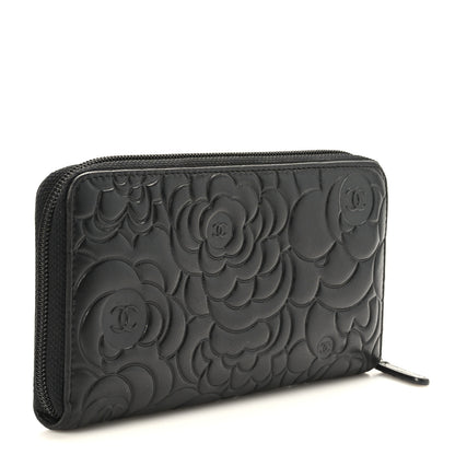 Chanel Lambskin Camellia Embossed Large Zip Around Gusset Wallet Black 3 of 9