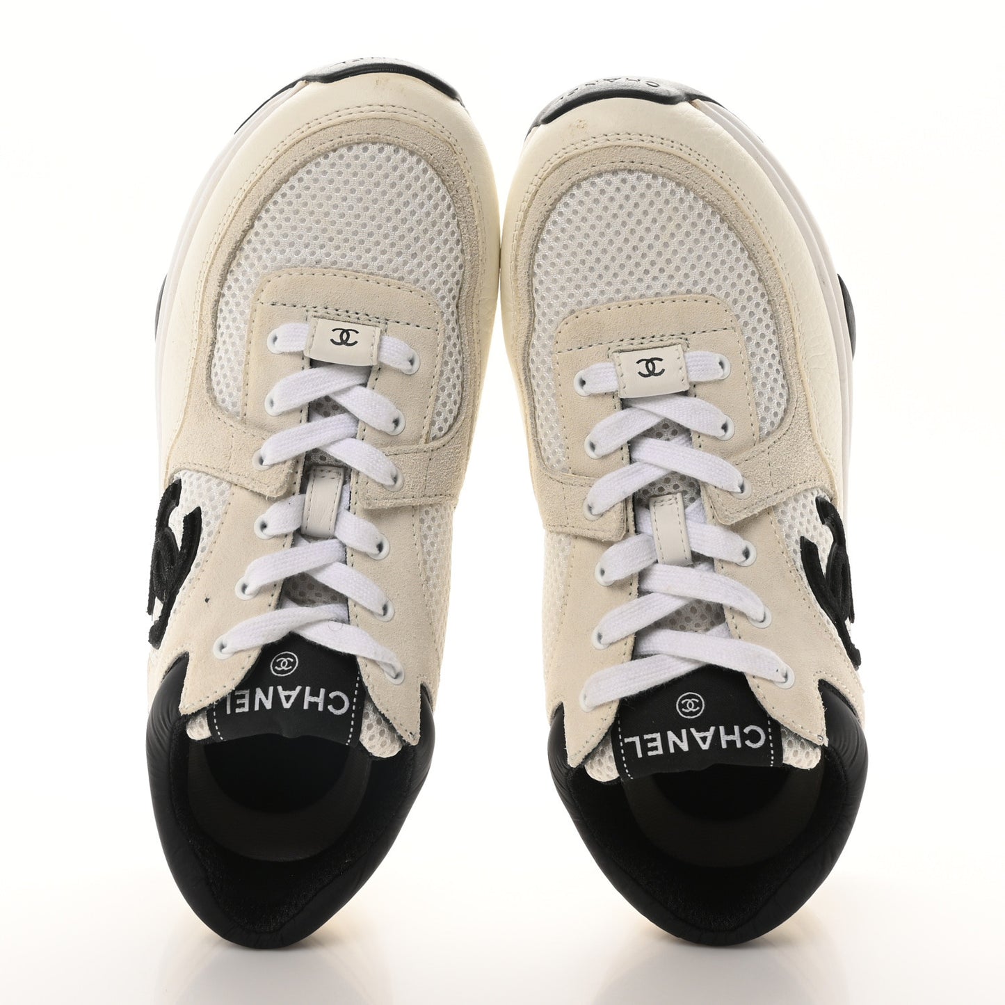 Mesh Suede Grained Calfskin Womens CC Sneakers 37.5 White Black