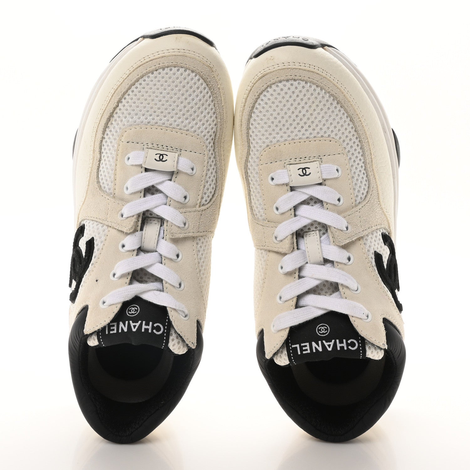 Chanel Mesh Suede Grained Calfskin Womens CC Sneakers 37.5 White Black 2 of 9