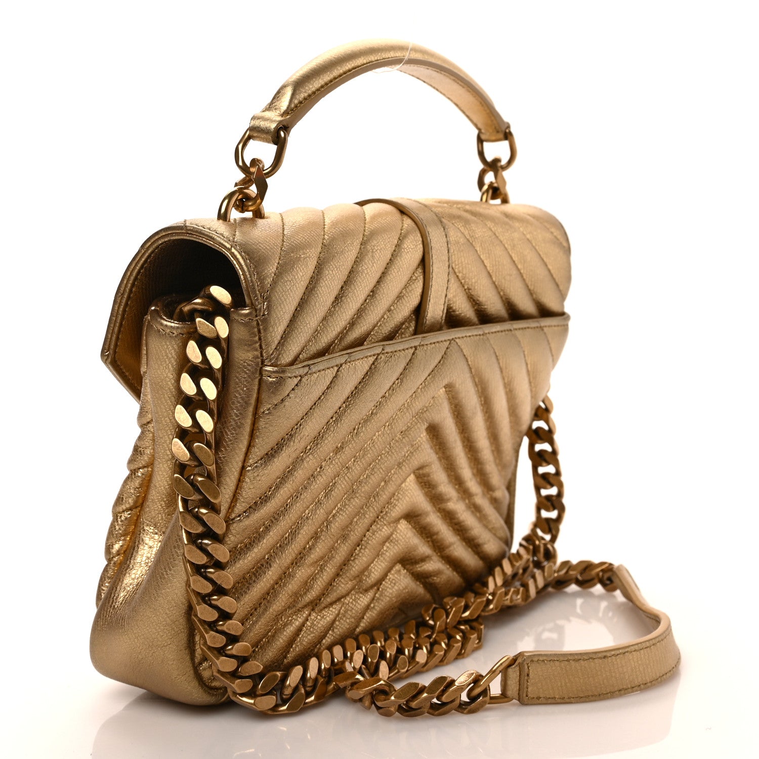 Saint Laurent Metallic Calfskin Matelasse Chevron Monogram Medium College Bag Gold 3 of 8