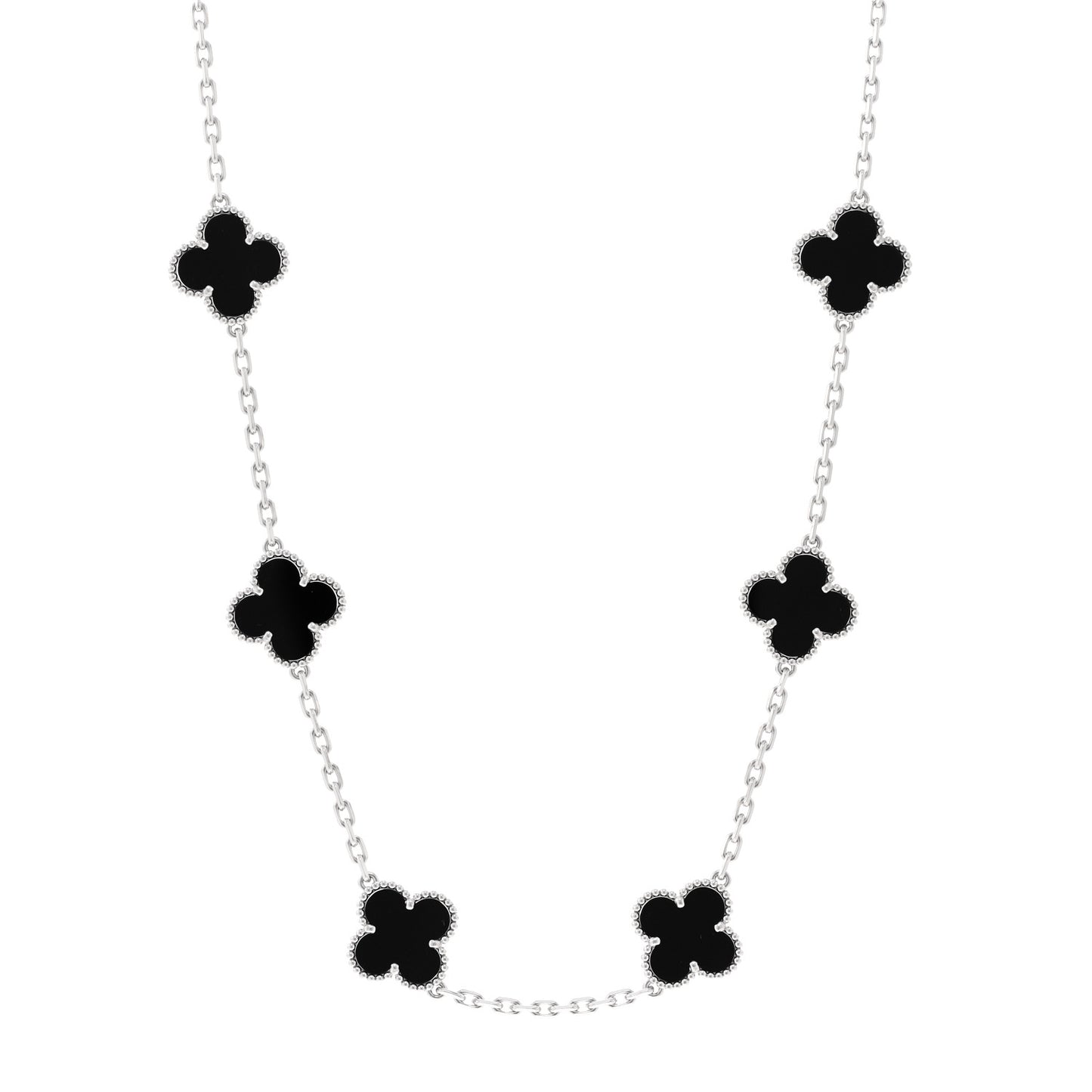 18K White Gold Black Onyx 10 Motifs Vintage Alhambra Necklace