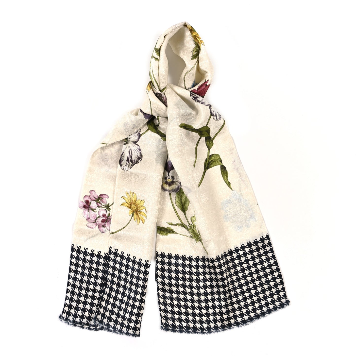 Silk Twill Flora Houndstooth Scarf Ivory Black Multicolor