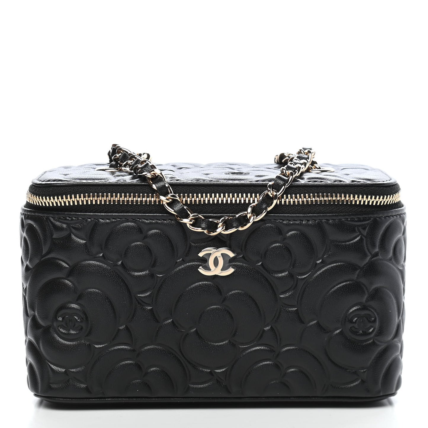 Lambskin Camellia Embossed Small Vanity Case With Chain Black