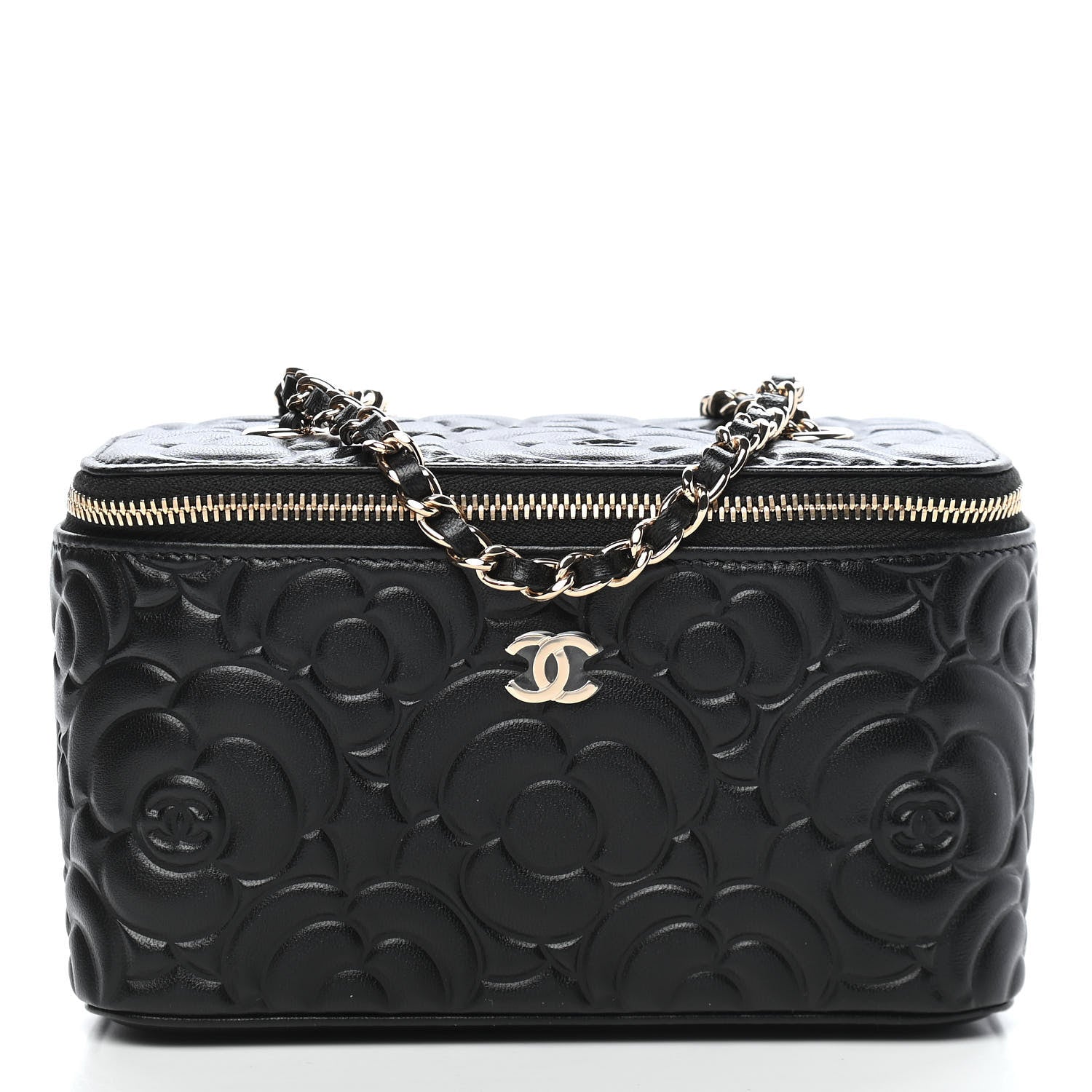 Chanel Lambskin Camellia Embossed Small Vanity Case With Chain Black 1 of 9