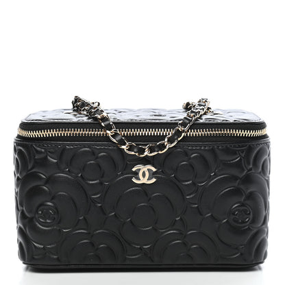 Chanel Lambskin Camellia Embossed Small Vanity Case With Chain Black 1 of 9