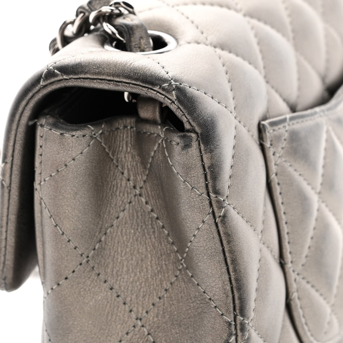 Metallic Calfskin Quilted Mini Rectangular Flap Ruthenium