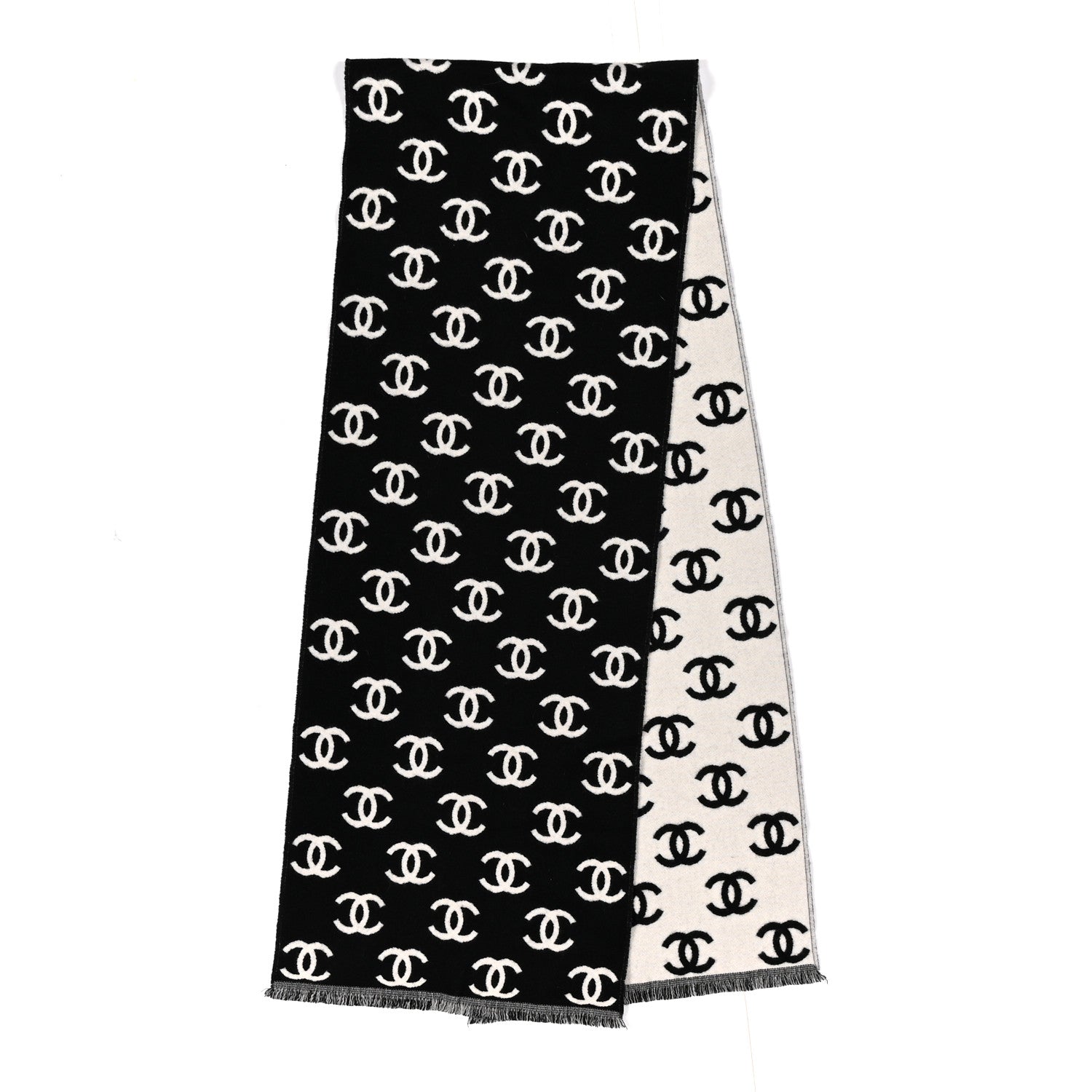 Chanel Wool Cashmere CC Scarf Black White 2 of 4