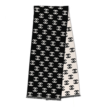 Chanel Wool Cashmere CC Scarf Black White 2 of 4