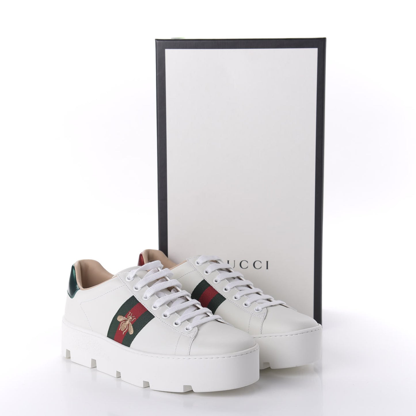 Calfskin Web Bee Embroidered Womens Ace Platform Sneakers 38.5 White