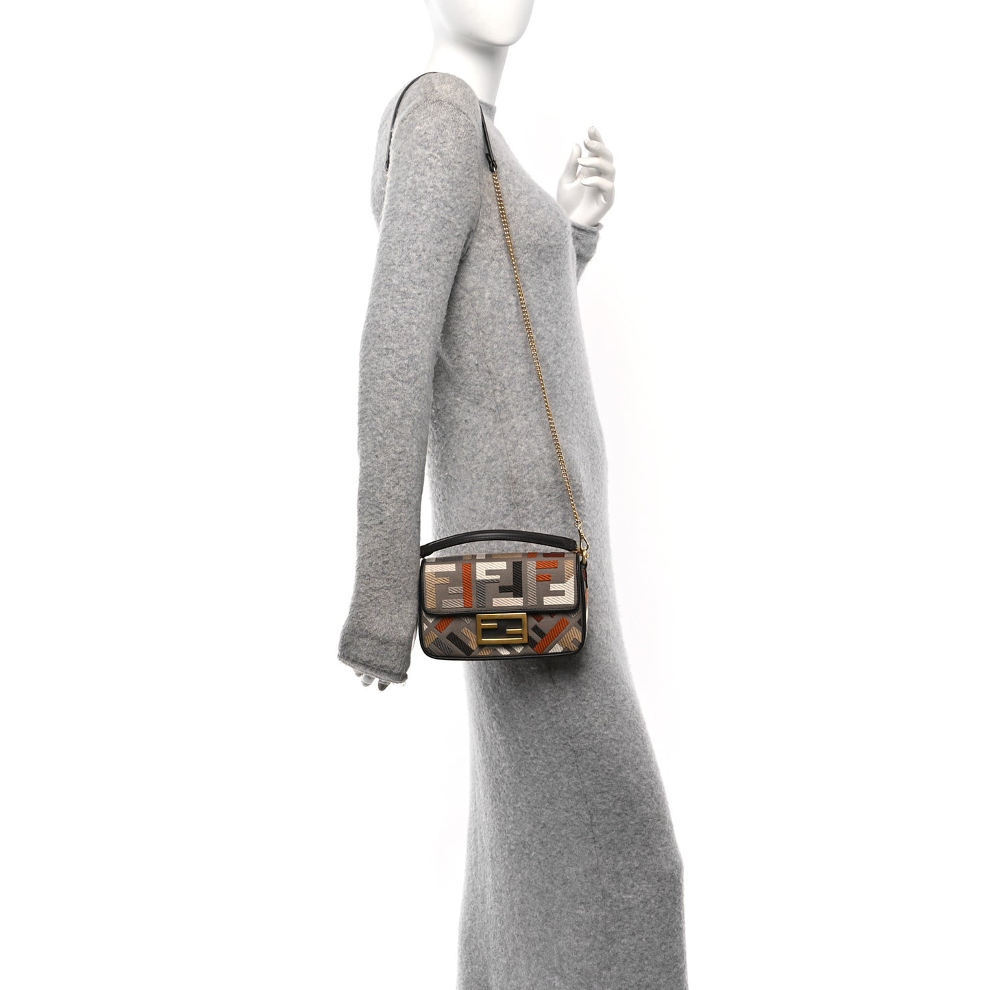 Canvas Vitello King Seta FF Embroidered Mini Baguette Tartufo Ebano Multicolor