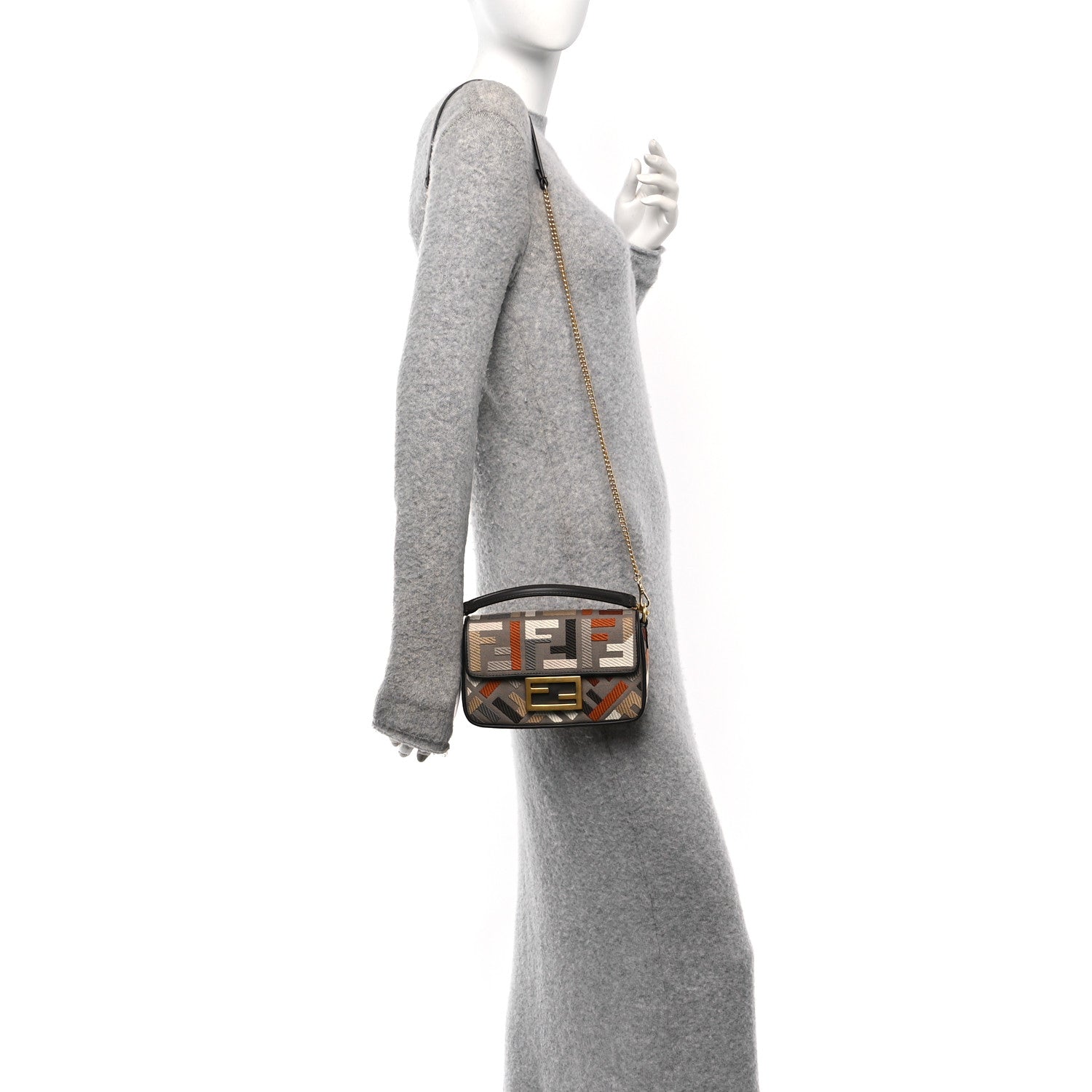 Fendi Canvas Vitello King Seta FF Embroidered Mini Baguette Tartufo Ebano Multicolor 2 of 10