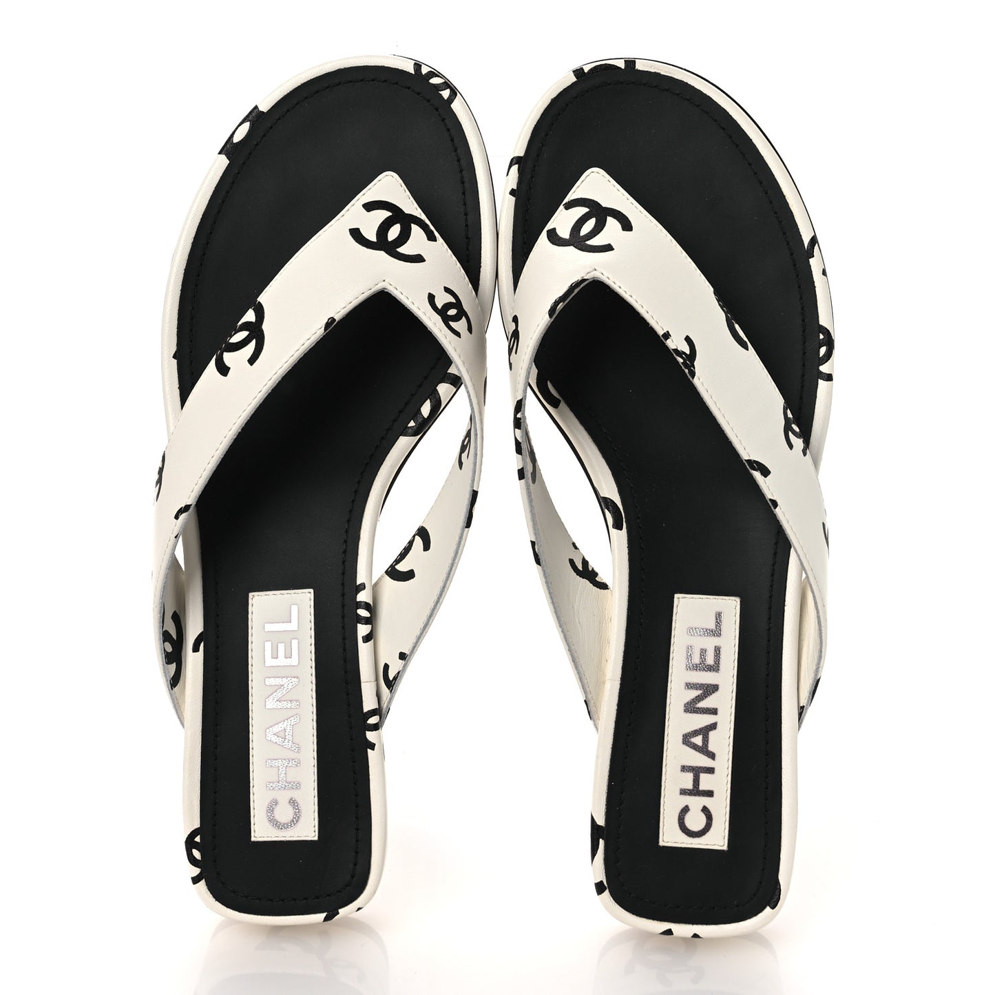 Lambskin Printed CC Thong Sandals 37 White Black