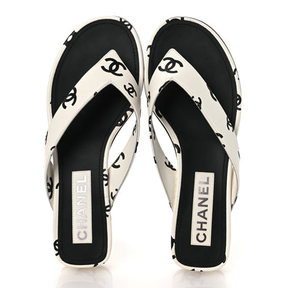 Chanel Lambskin Printed CC Thong Sandals 37 White Black 2 of 11