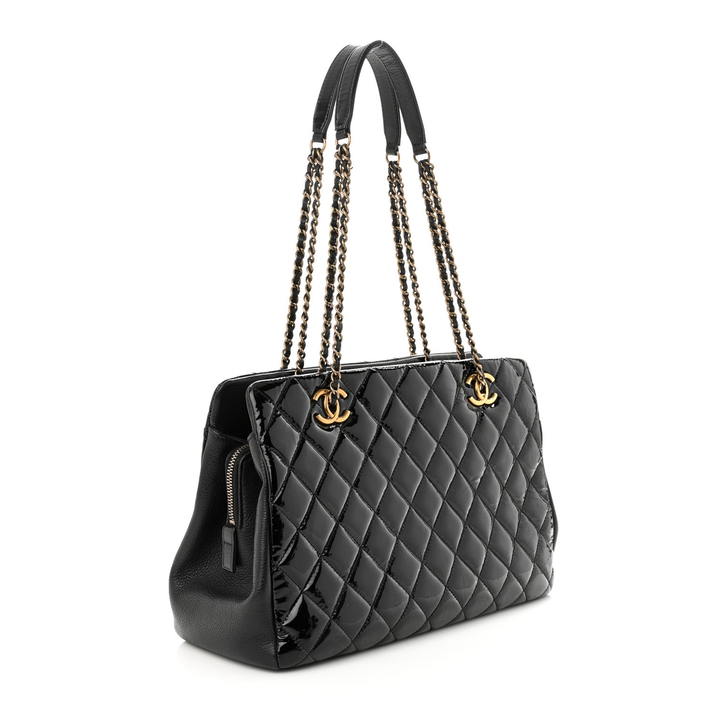Patent Goatskin Quilted Small CC Eyelet Tote Black
