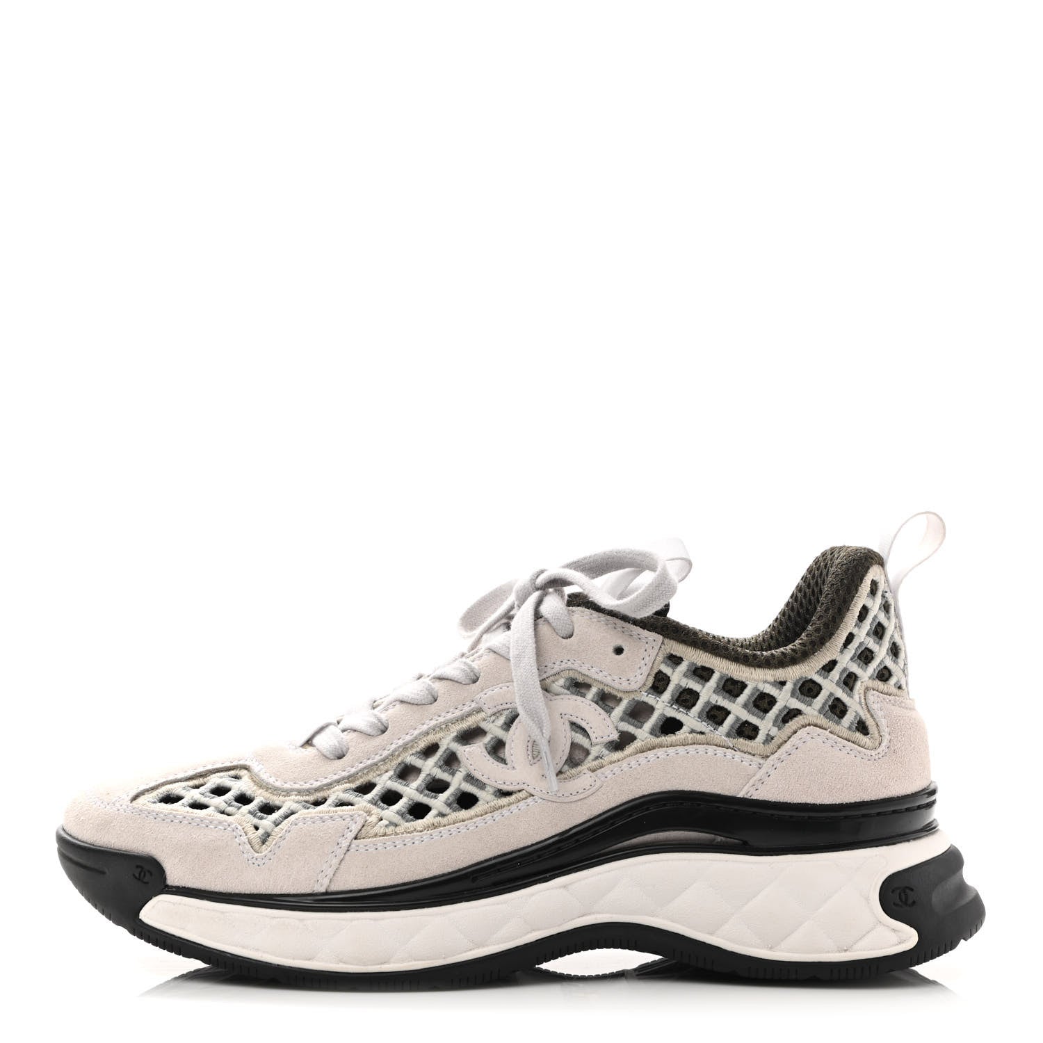 Chanel Suede Calfskin Embroidered CC Sneakers 38 Ecru Light Gray 1 of 12