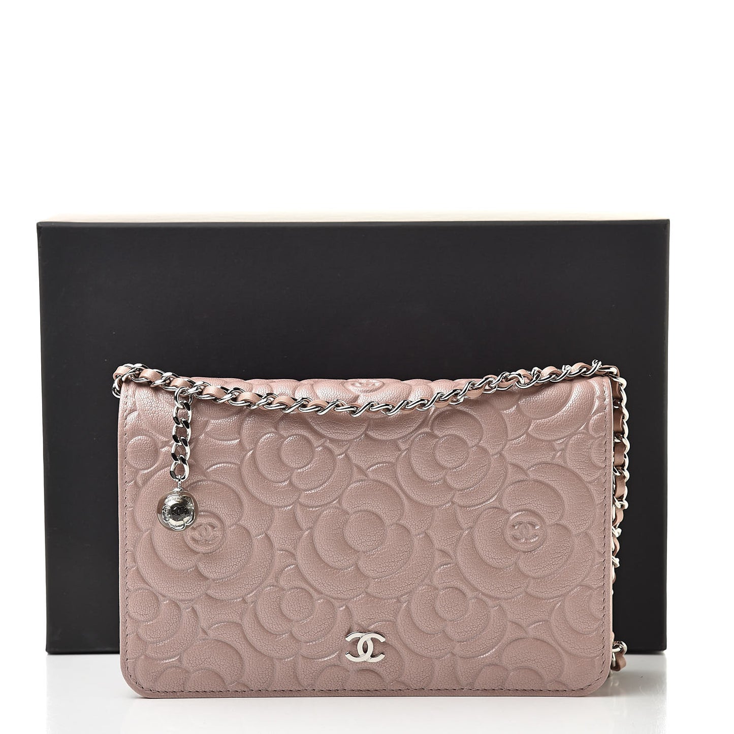 Goatskin Camellia Embossed Wallet On Chain WOC Light Pink