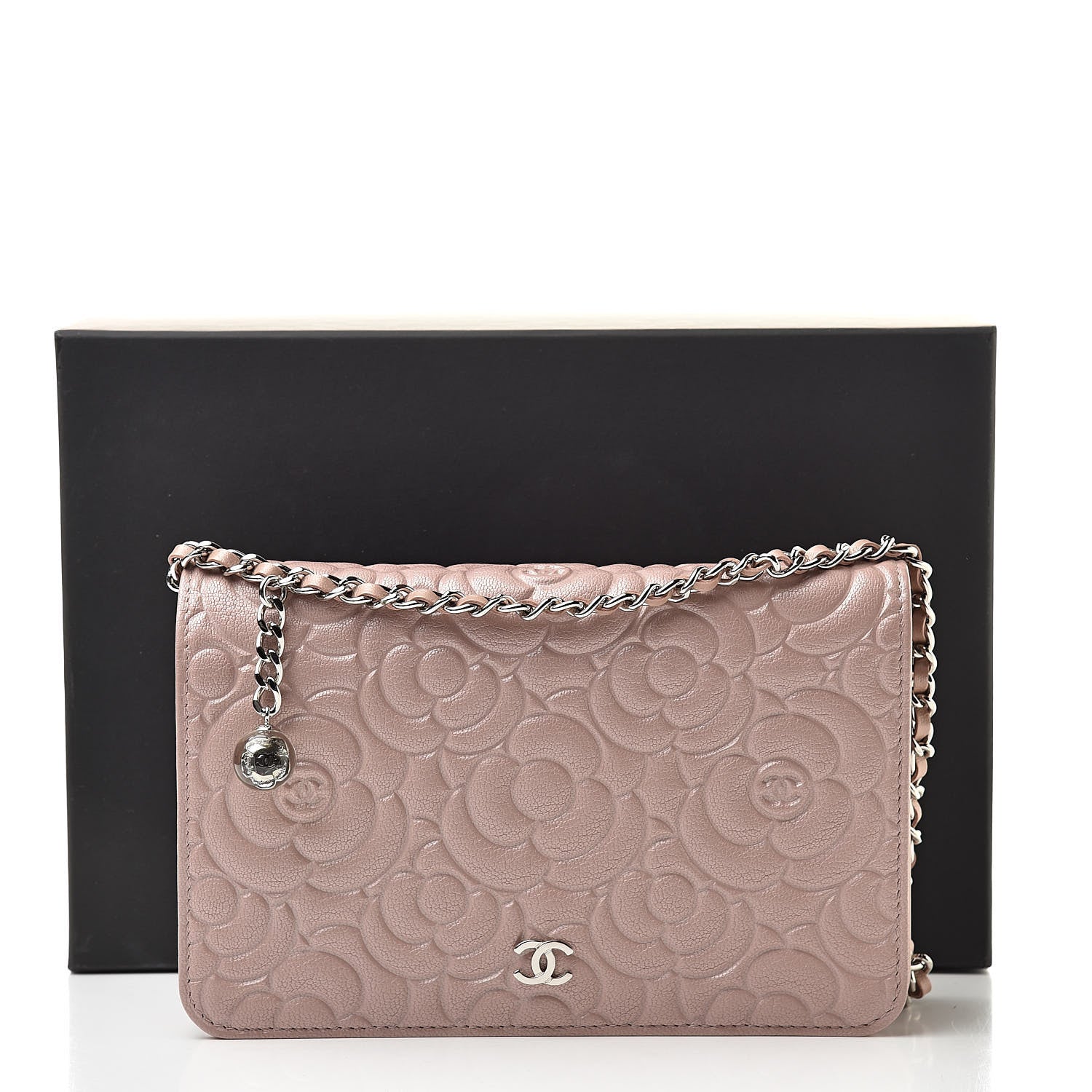 Chanel Goatskin Camellia Embossed Wallet On Chain WOC Light Pink 12 of 12