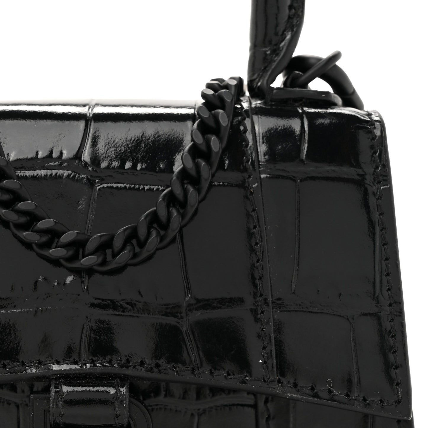Shiny Calfskin Monochrome Crocodile Embossed Hourglass Top Handle Bag Mini with Chain Black