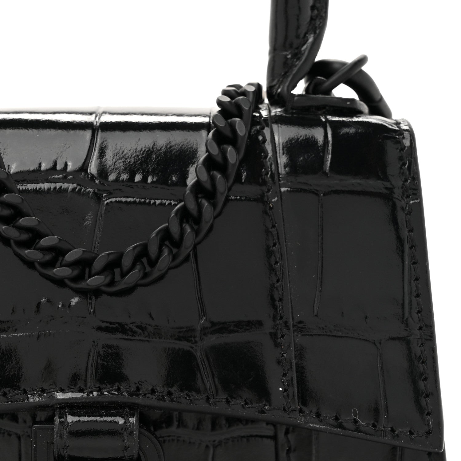 Balenciaga Shiny Calfskin Monochrome Crocodile Embossed Hourglass Top Handle Bag Mini with Chain Black 8 of 11