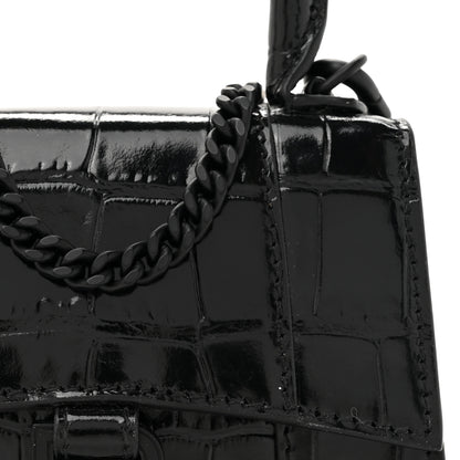 Balenciaga Shiny Calfskin Monochrome Crocodile Embossed Hourglass Top Handle Bag Mini with Chain Black 8 of 11