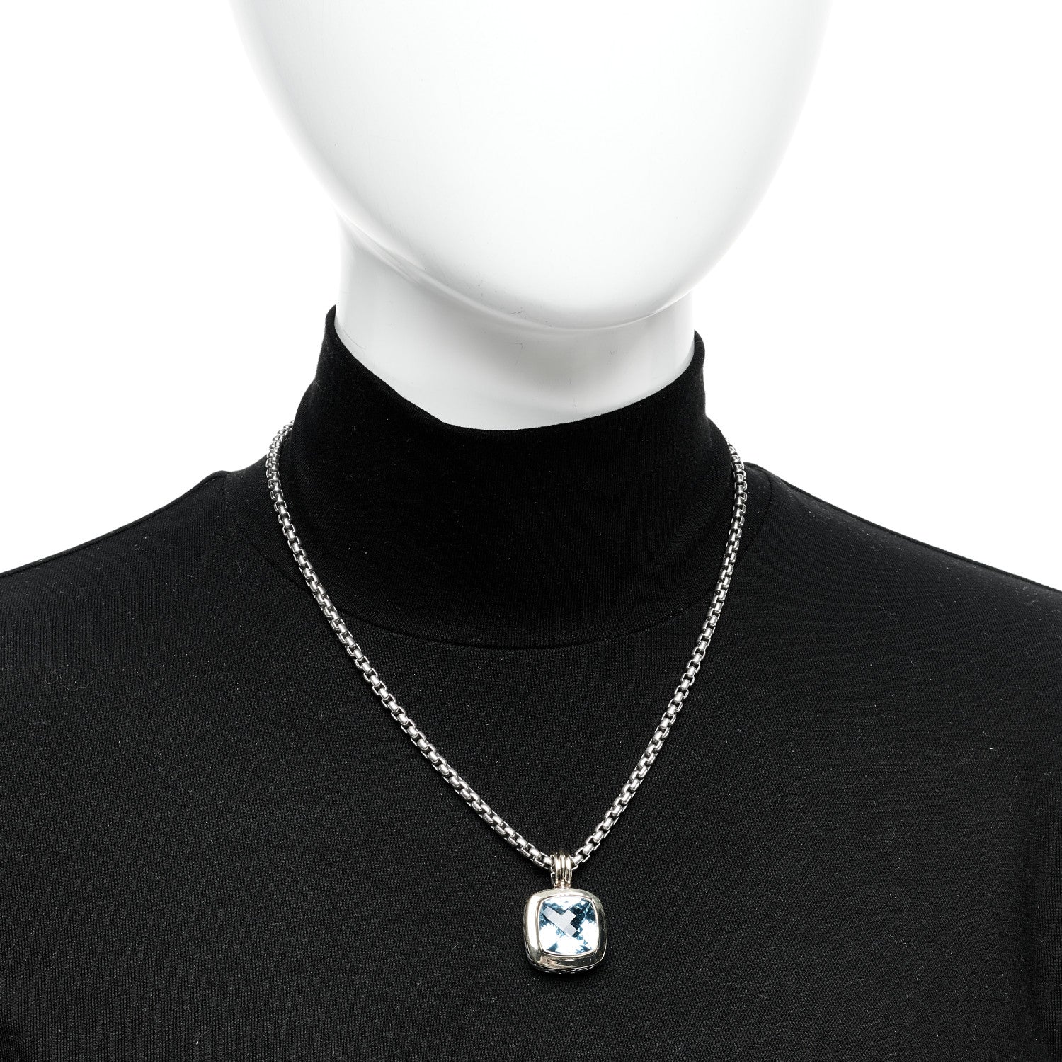 David Yurman Sterling Silver 18K Yellow Gold Blue Topaz 14mm Albion Pendant Box Chain Necklace 2 of 6