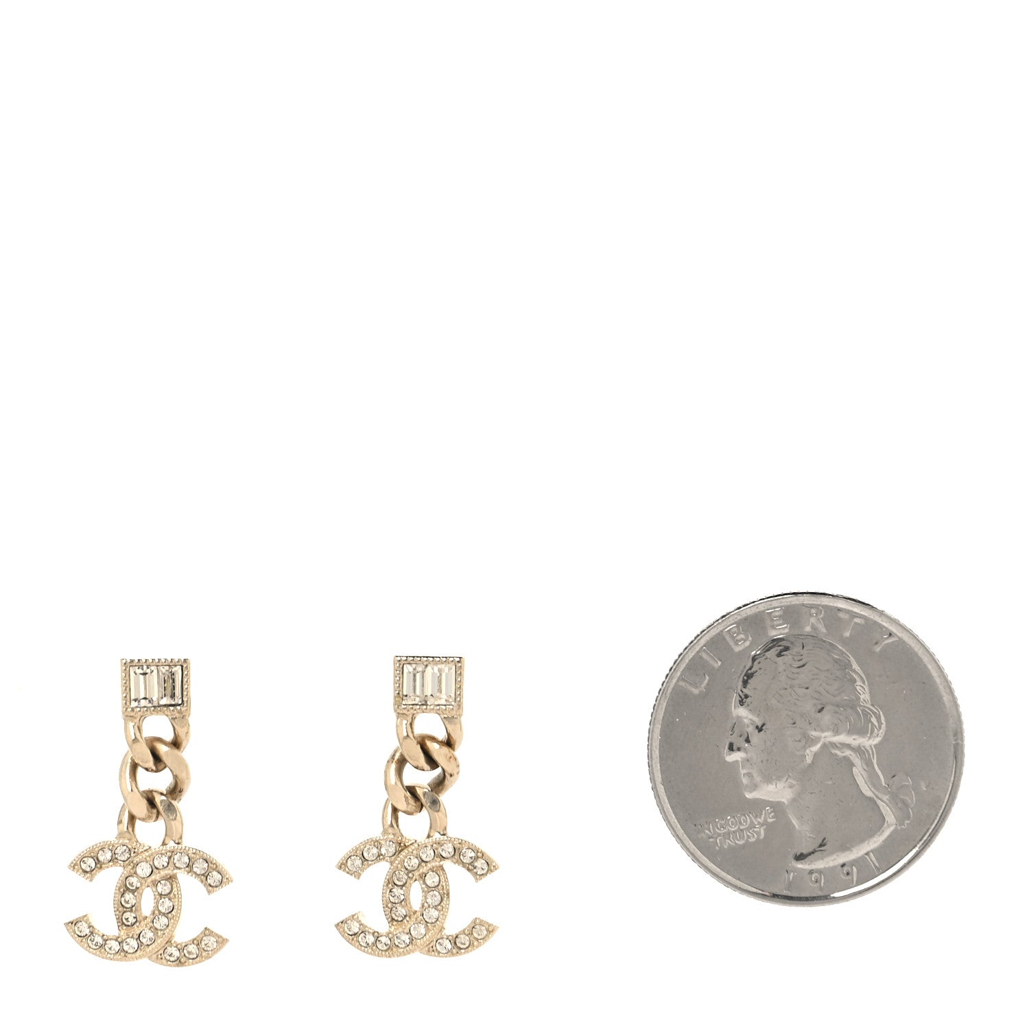 Chanel Metal Crystal Baguette CC Chain Drop Earrings Gold 5 of 10