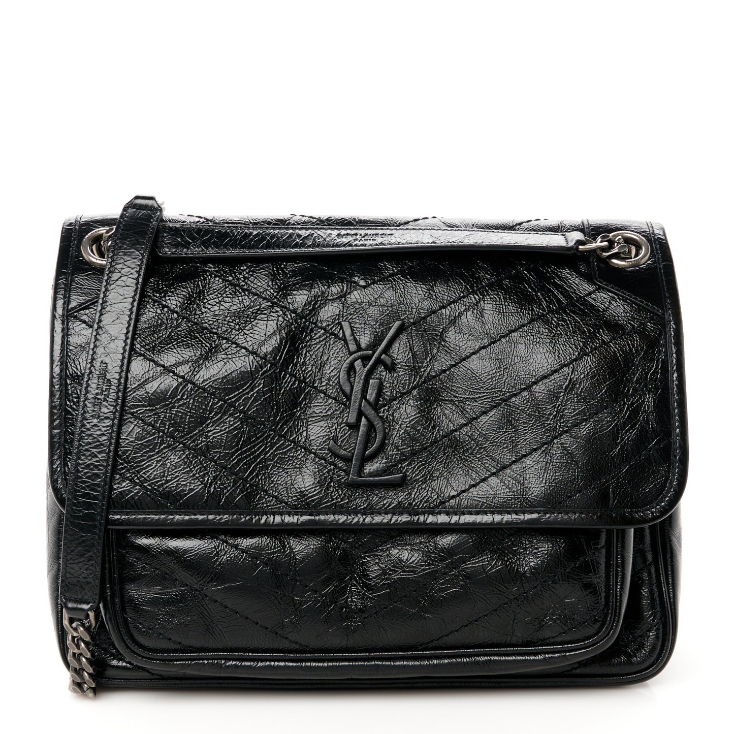 Crinkled Calfskin Matelasse Monogram Medium Niki Chain Satchel Black
