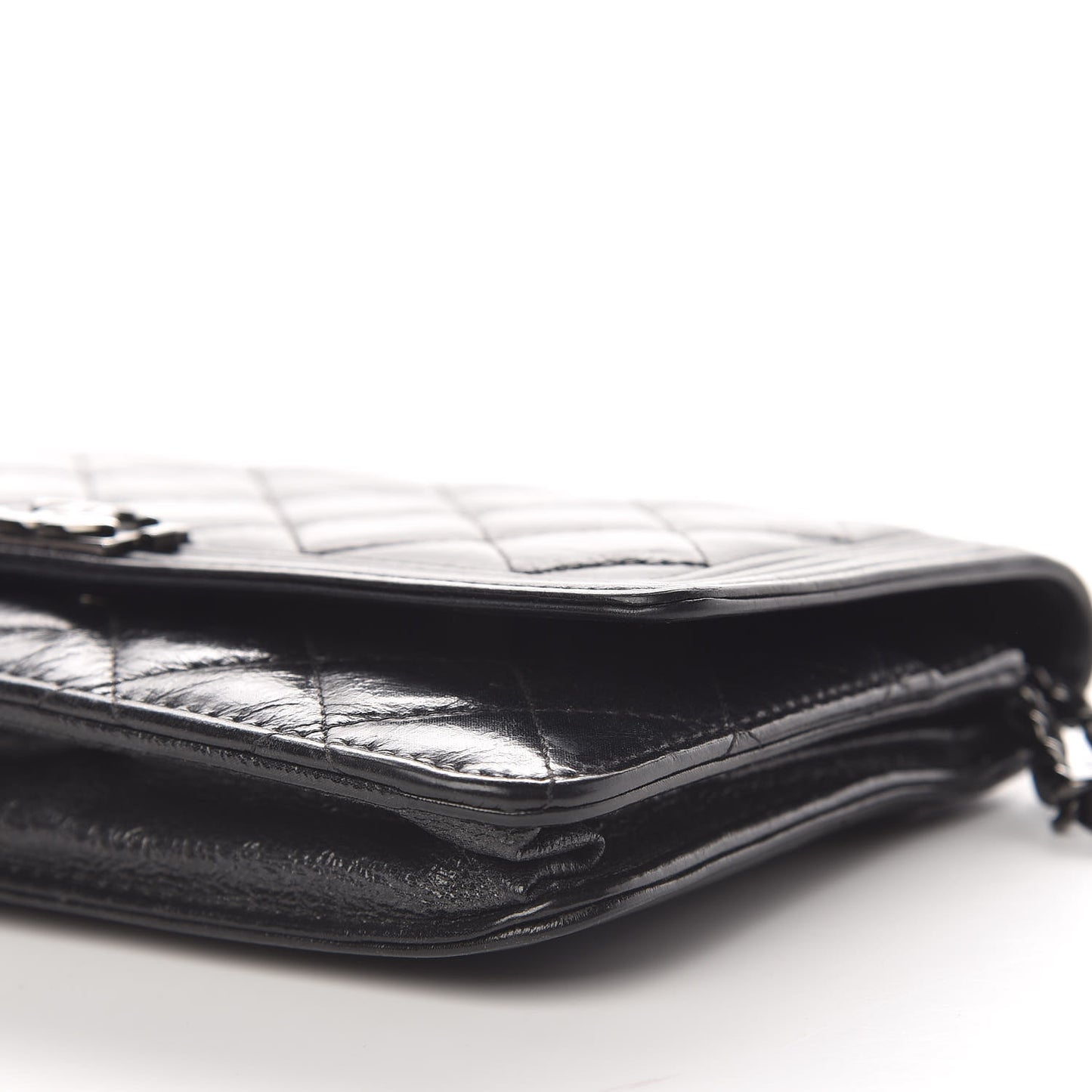 Shiny Aged Calfskin Quilted Boy Wallet On Chain WOC Black