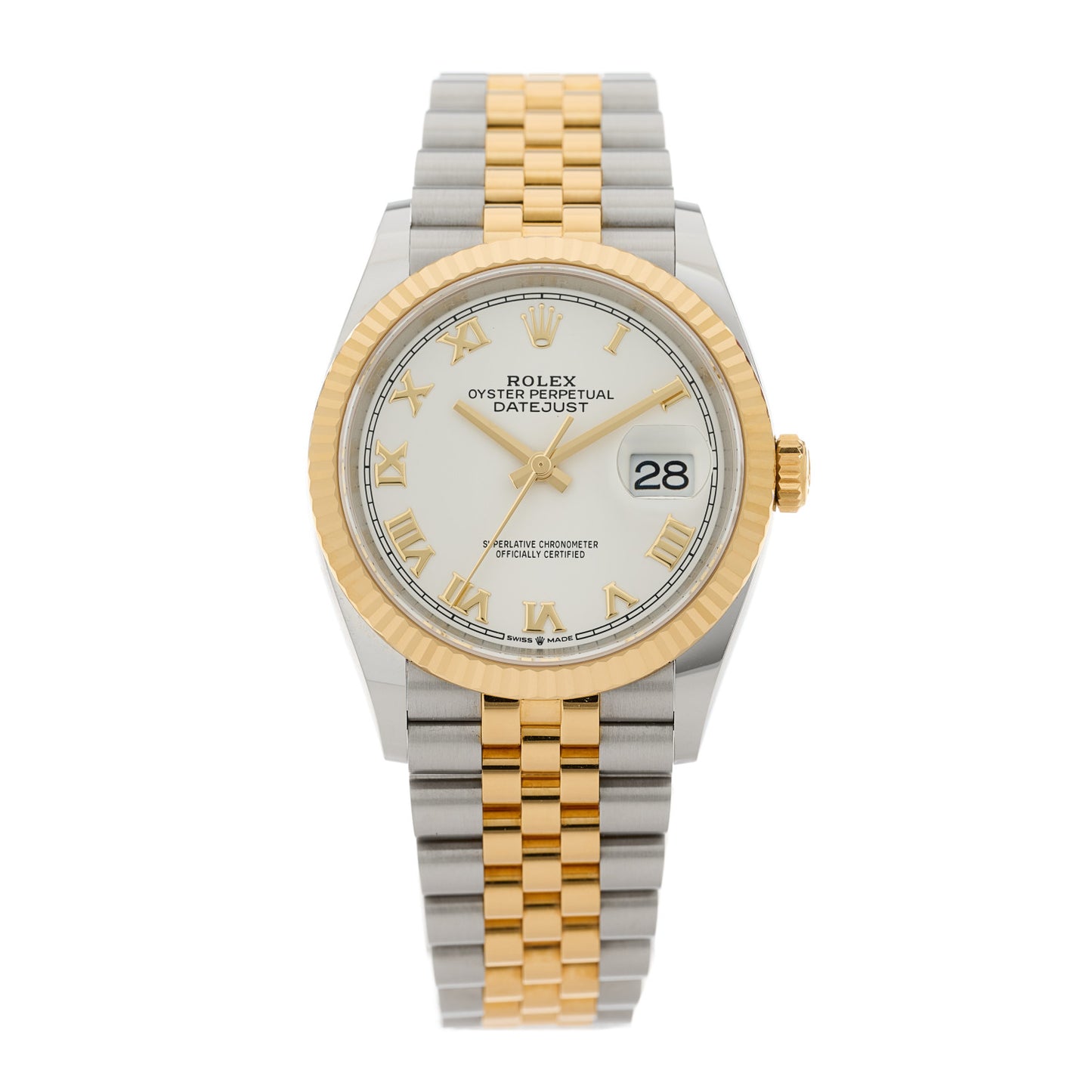 Stainless Steel 18K Yellow Gold 36mm Oyster Perpetual Datejust Watch White Roman 126233