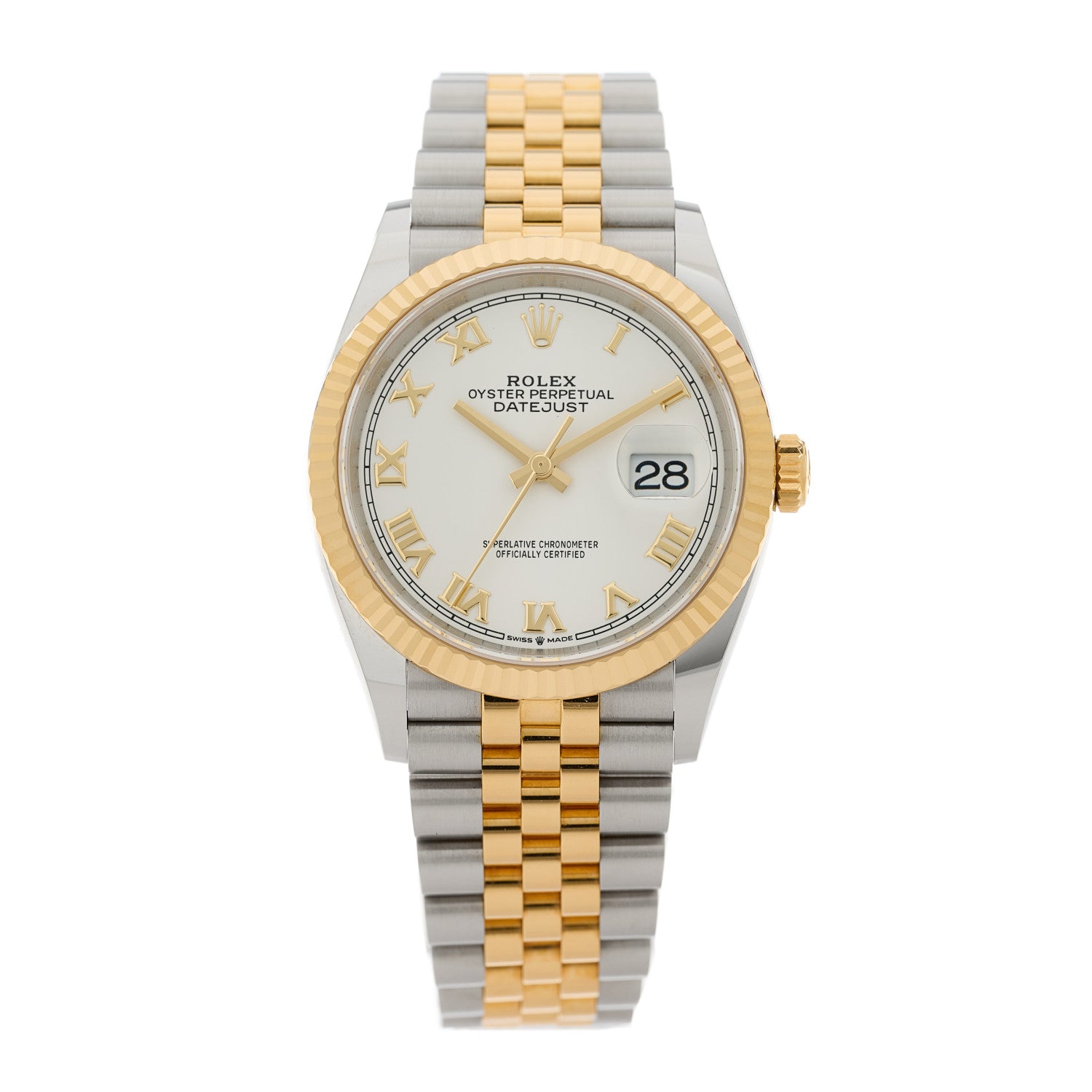 Rolex Stainless Steel 18K Yellow Gold 36mm Oyster Perpetual Datejust Watch White Roman 126233 1 of 4