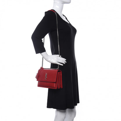 Saint Laurent Calfskin Crocodile Embossed Medium Monogram Sunset Rouge Eros 2 of 9