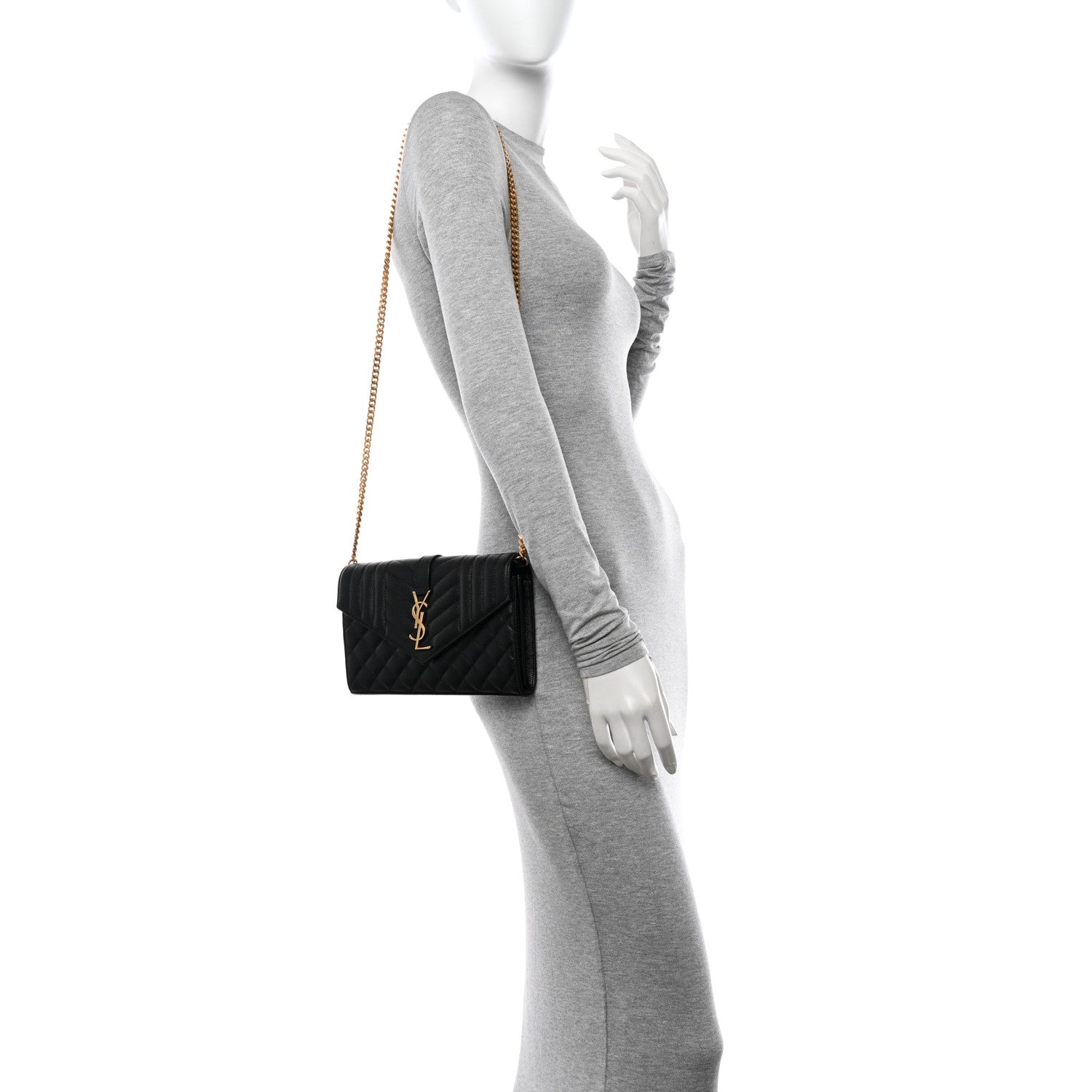 Saint Laurent Grain De Poudre Mixed Matelasse Triquilt Monogram Chain Wallet Black 3 of 11