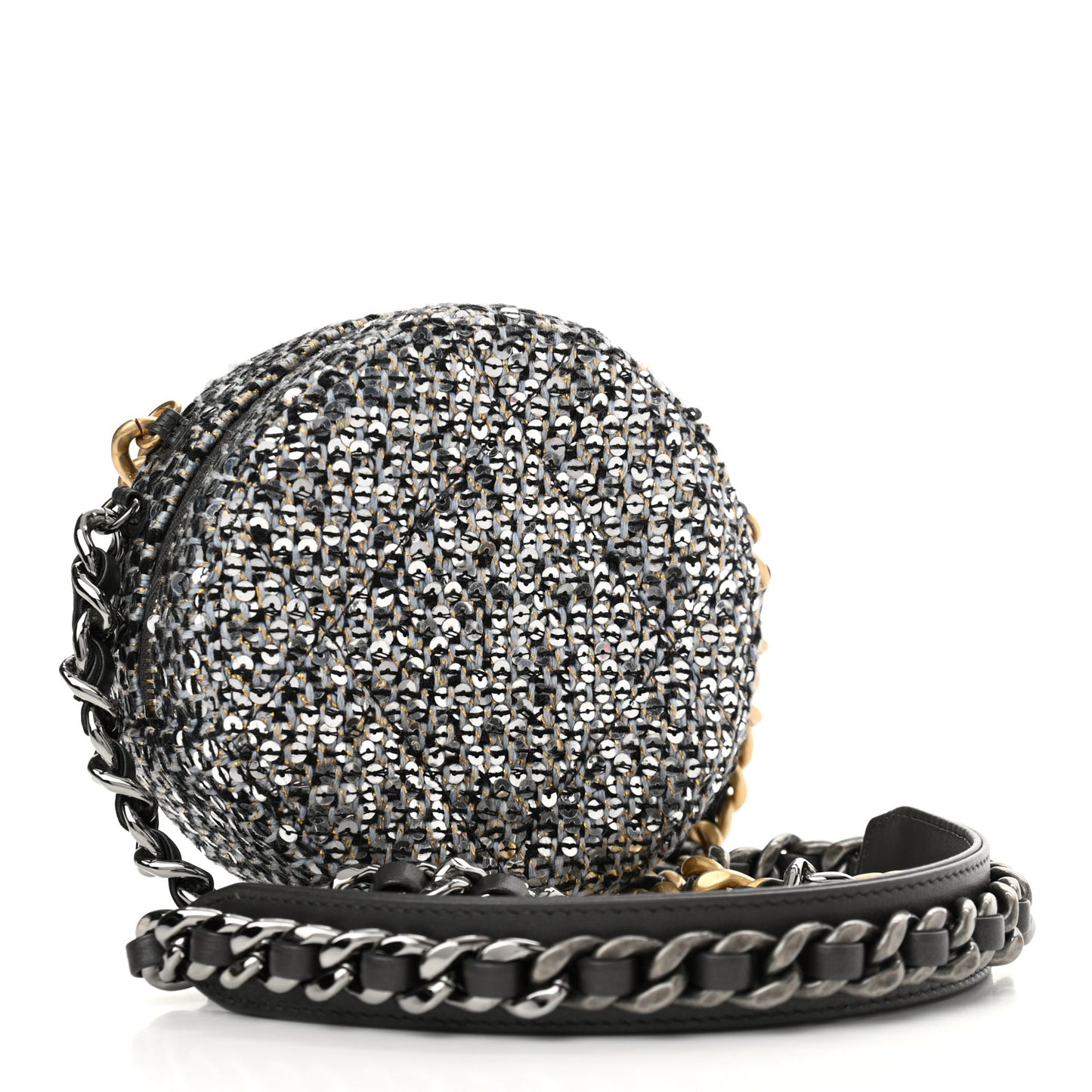 Sequin Chanel 19 Round Clutch With Chain Silver Black