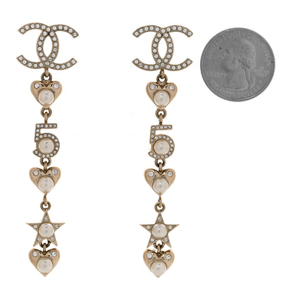 Chanel Crystal Pearl Charming Winter CC Star Heart Drop Earrings Gold 2 of 5