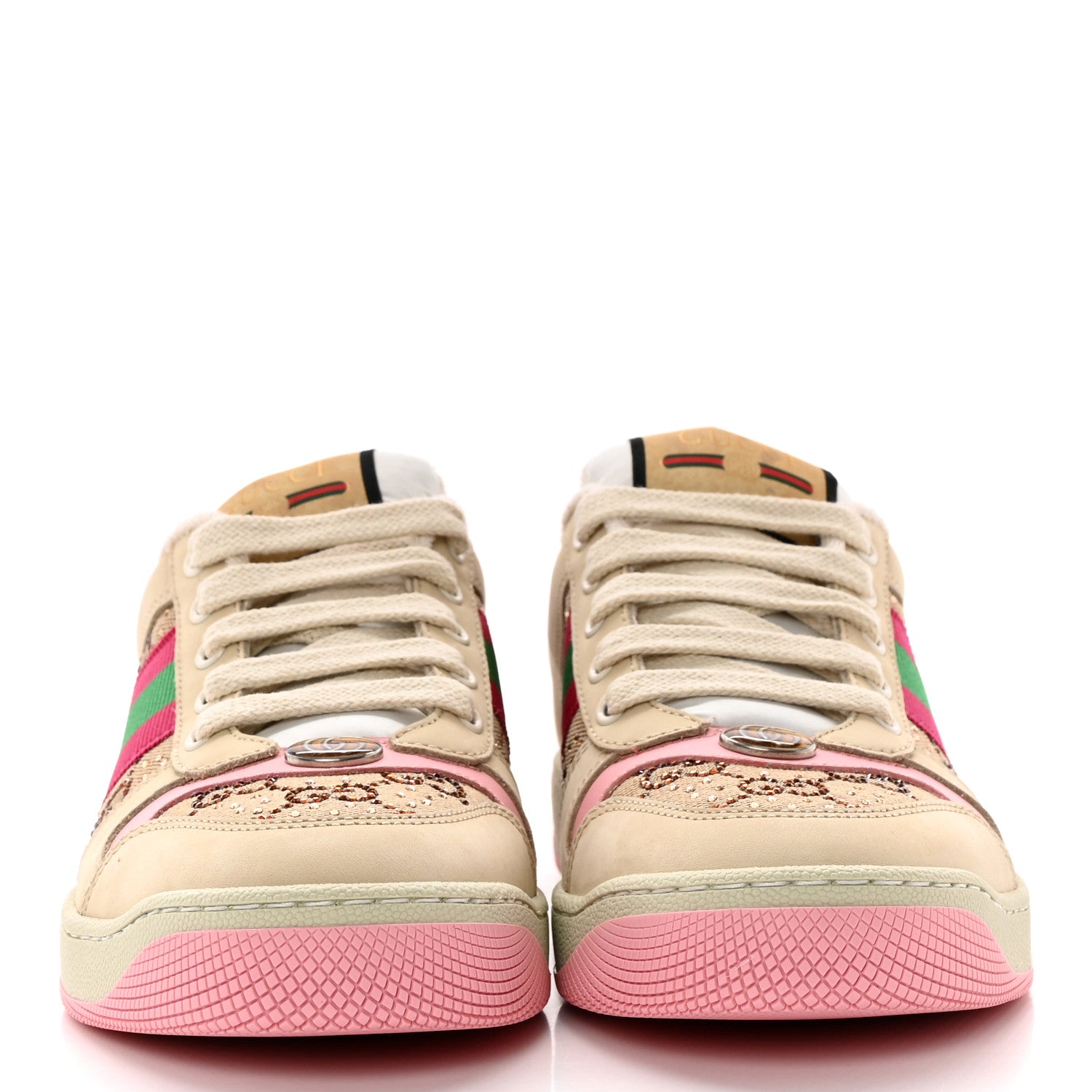 Gucci New GG Monogram Nubuck Web Crystal Embellished Womens Screener Sneakers 38 Camel Ebony Wild Rose 2 of 9