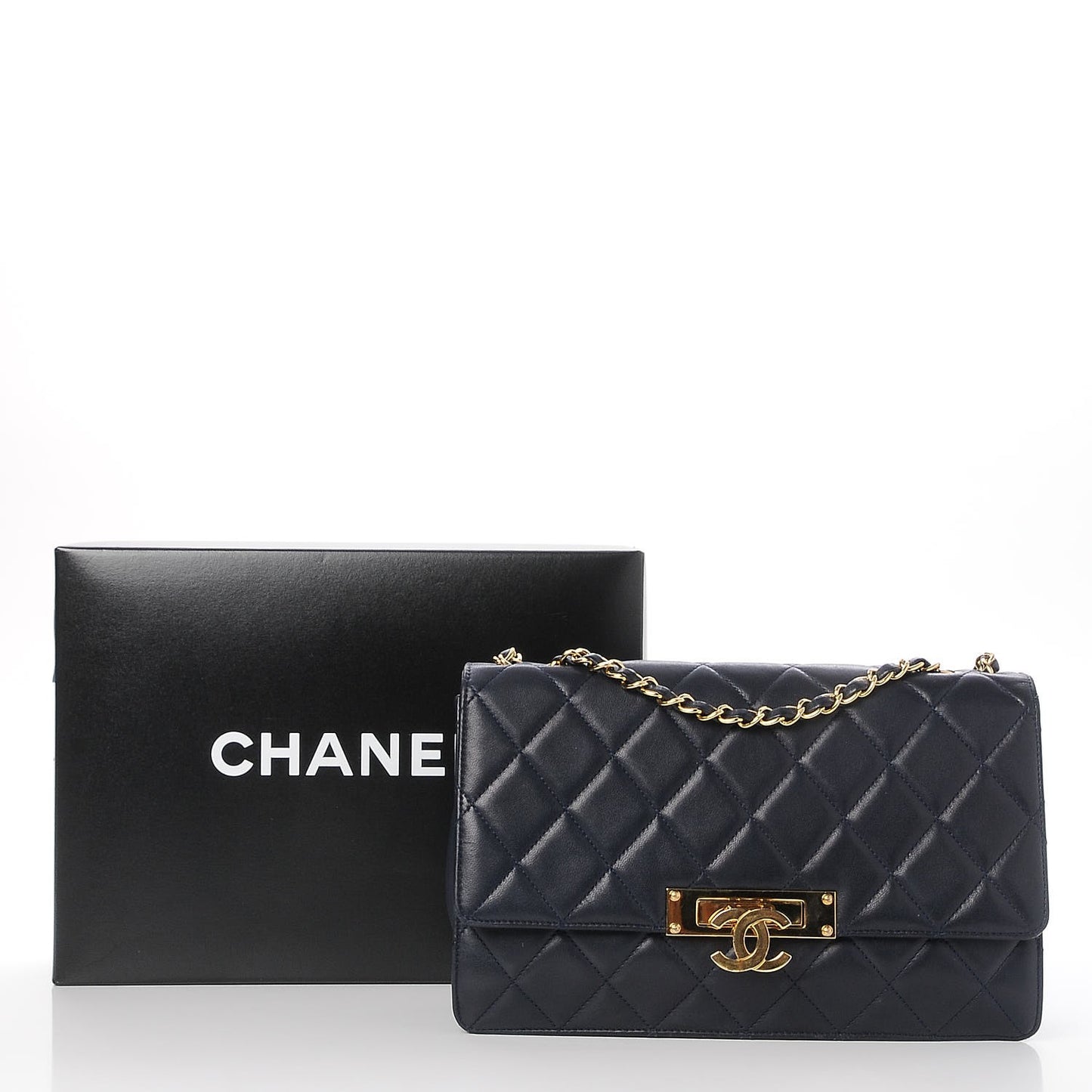 Lambskin Quilted Large Golden Class Flap Navy