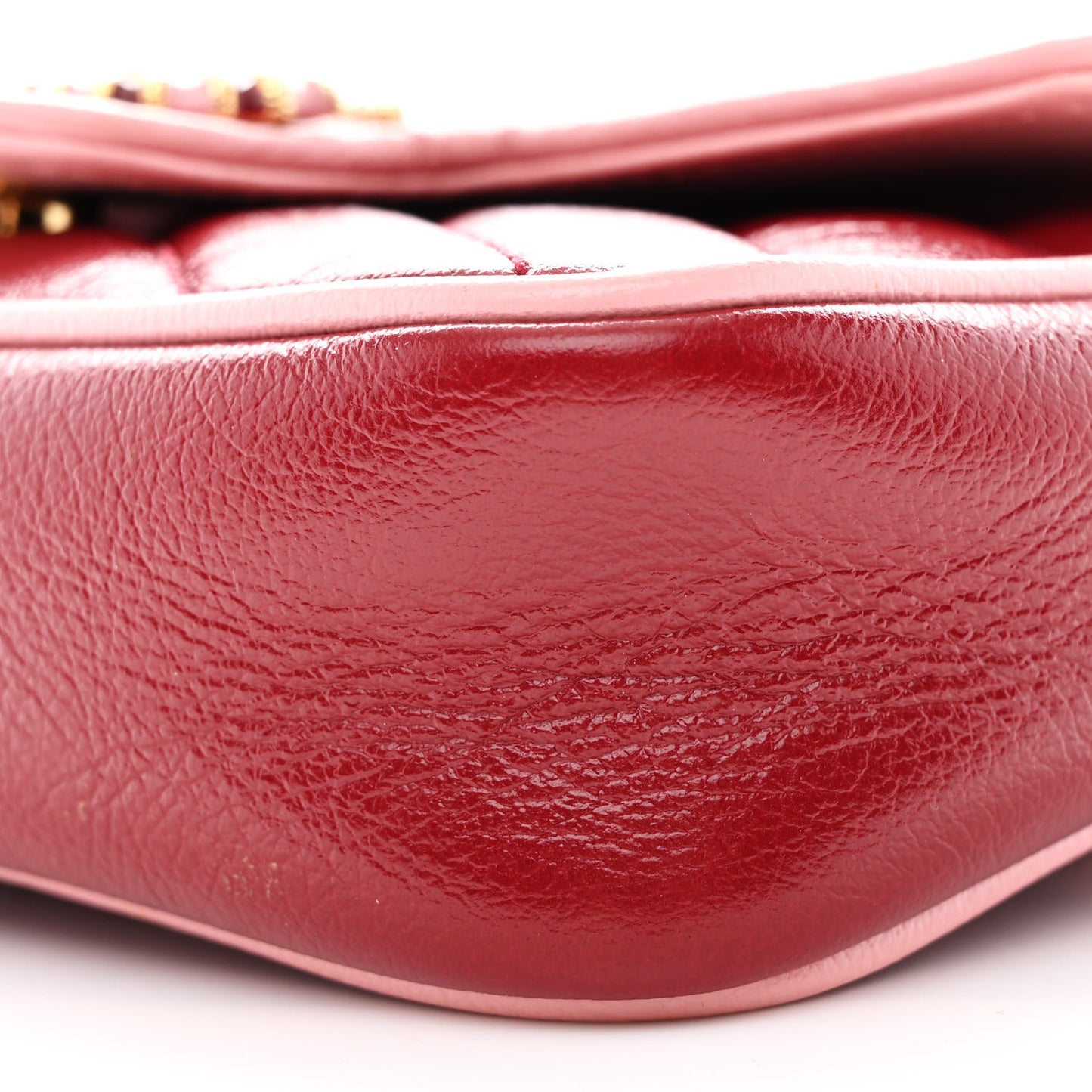 Azalea Calfskin Enamel Matelasse Diagonal Super Mini Torchon GG Marmont Shoulder Bag New Cherry Red Wild Rose