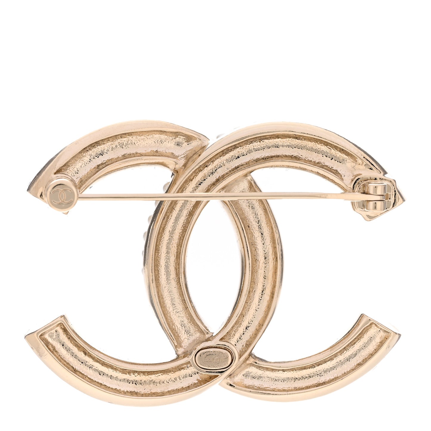 Metal Crystal Pearl CC Brooch Gold White