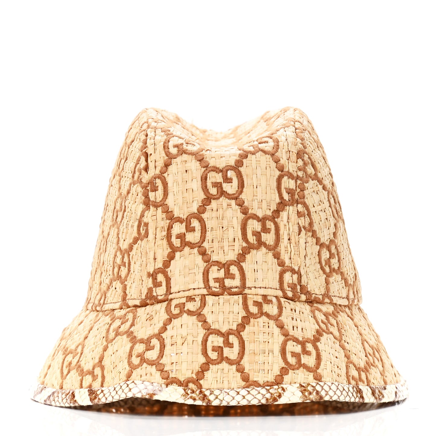 Raffia Elaphe GG Monogram Embroidered Basmaa Fedora Hat M Ivory Dark Brown