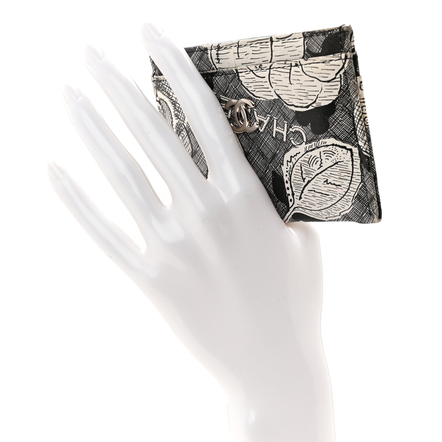 Chanel Coated Canvas Lambskin Quilted Camellia Card Holder Black White 2 of 8